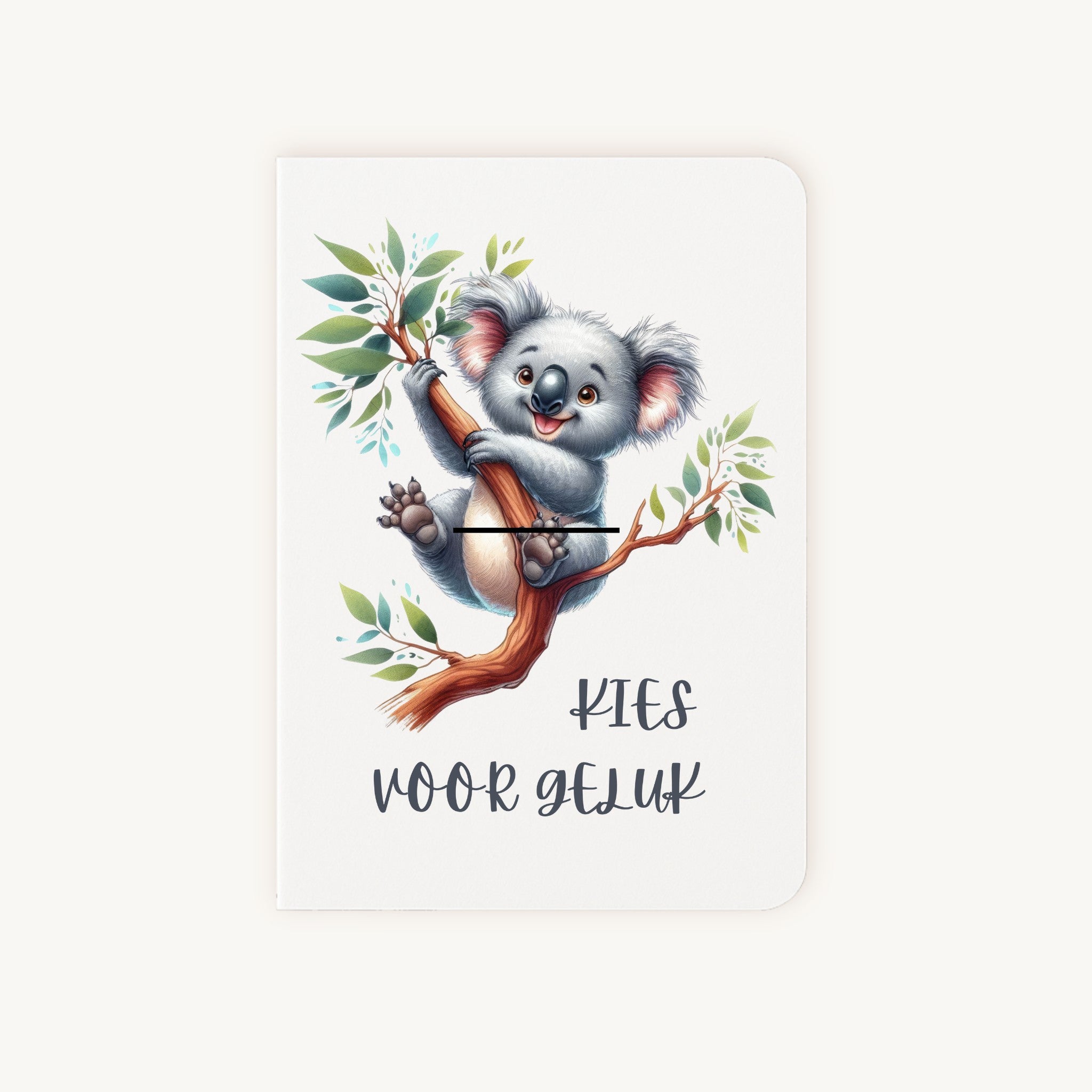 Gelukskaart met koala op tak en tekst Kies voor geluk