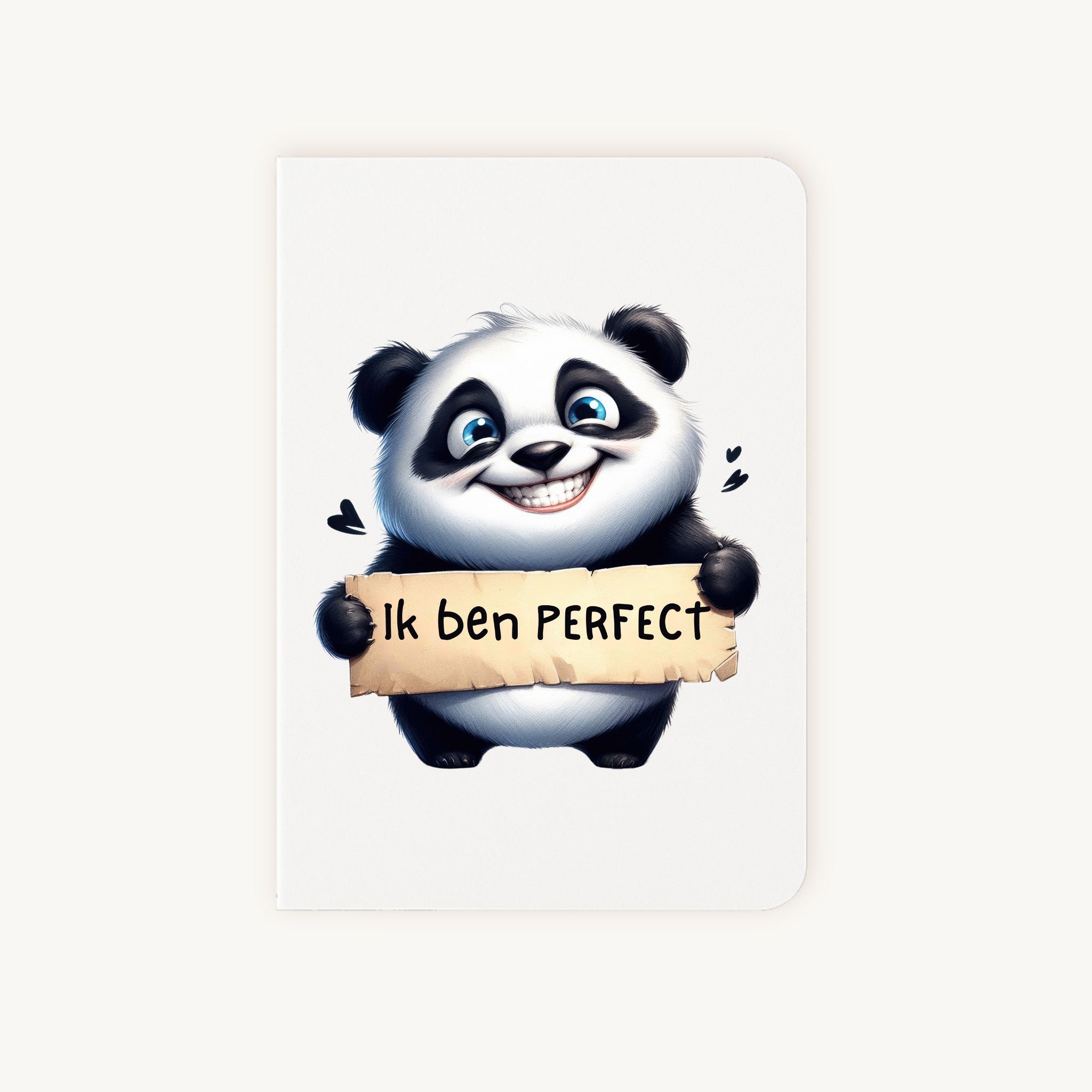 Grappige kaart met panda die bordje Ik ben PERFECT vasthoud