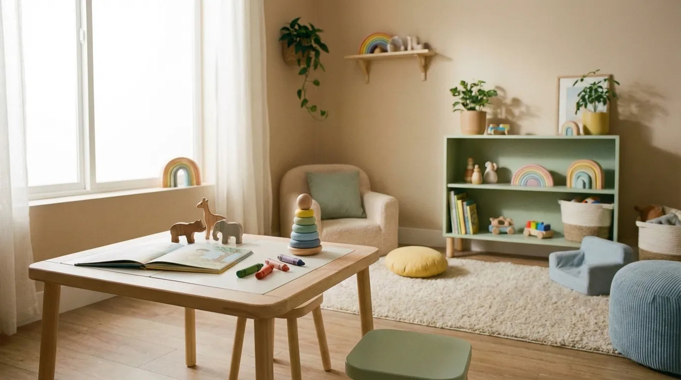 Hero-afbeelding voor de collectie Kleuters (4-6 jaar) Kleine Wonderen met een rustige, kindvriendelijke interieursetting en speelse elementen passend bij jonge schoolgaande kinderen