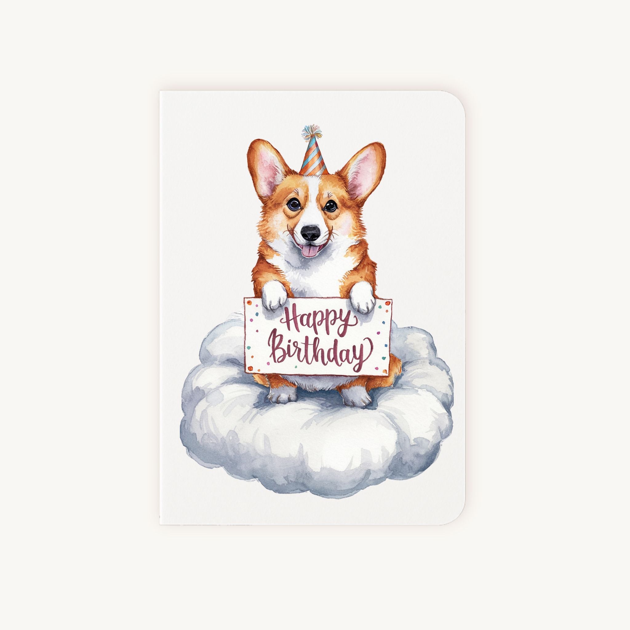 Verjaardagskaart hond op wolk met feesthoedje voorkant A6 formaat