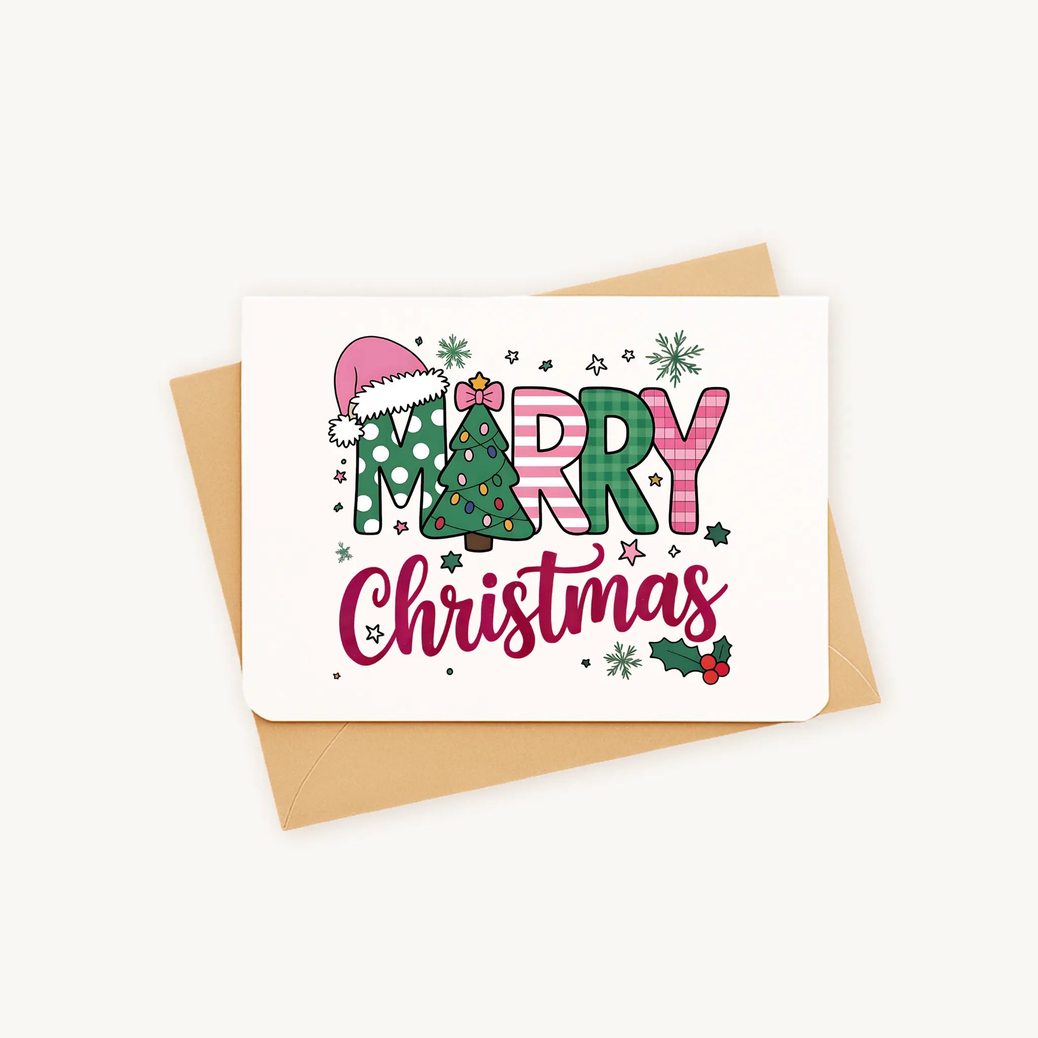 Liggende kerstkaart met speelse Merry Christmas-illustratie op kraftenvelop.