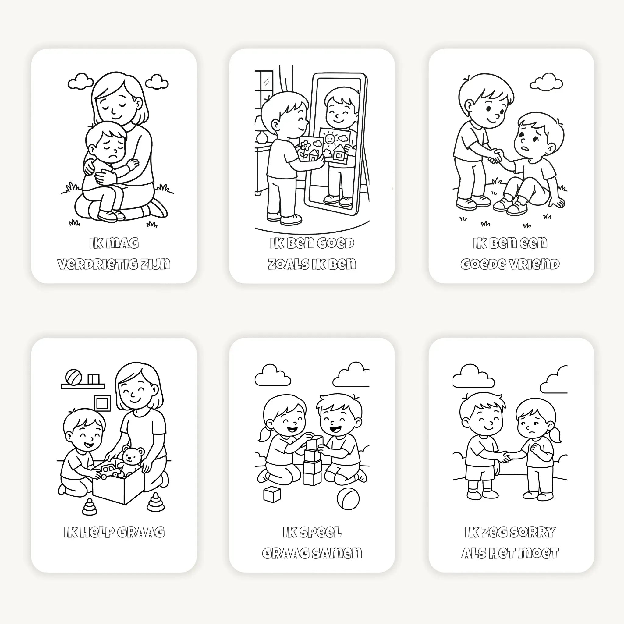 Flatlay van zes A6 kleurplaten met affirmaties voor kleuters op een lichte achtergrond