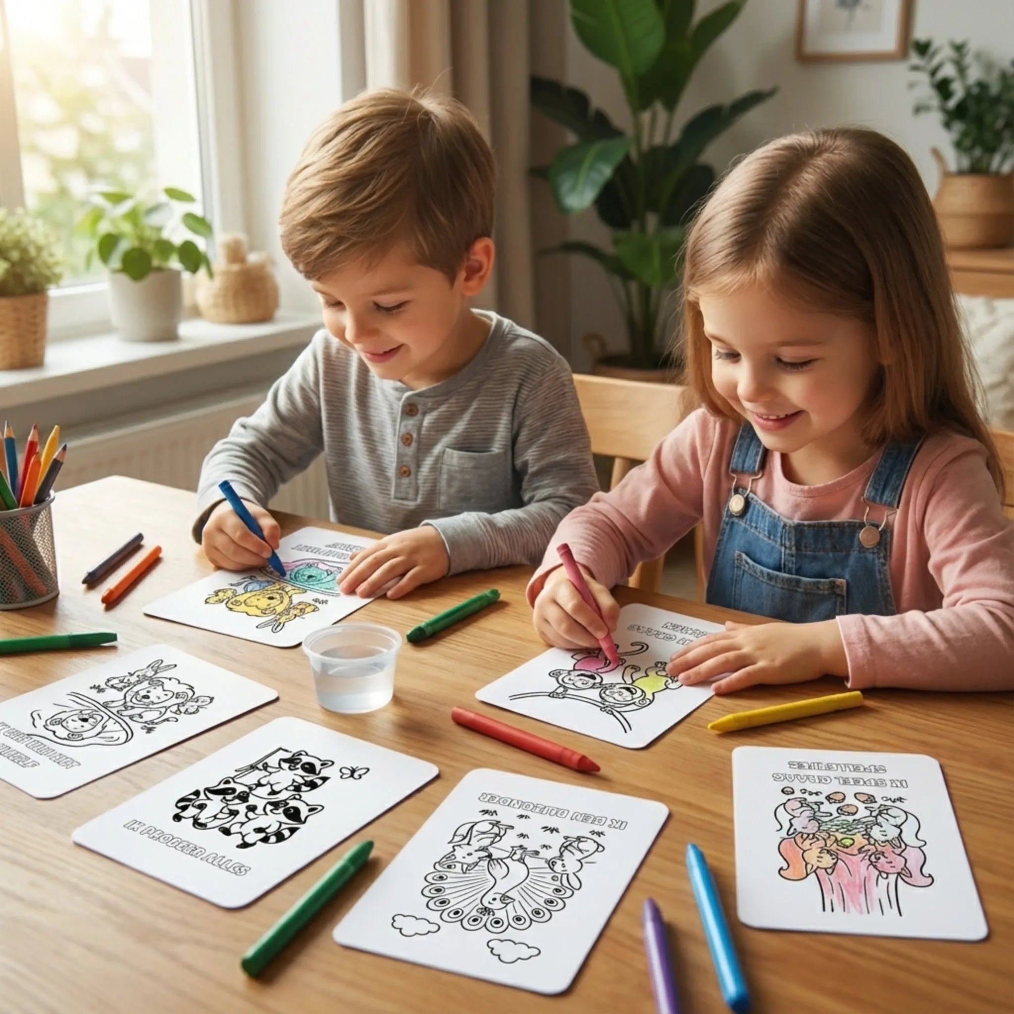 Twee kleuters die samen affirmatie-kleurplaten met bosdieren inkleuren aan een tafel, met potloden en een rustige creatieve sfeer