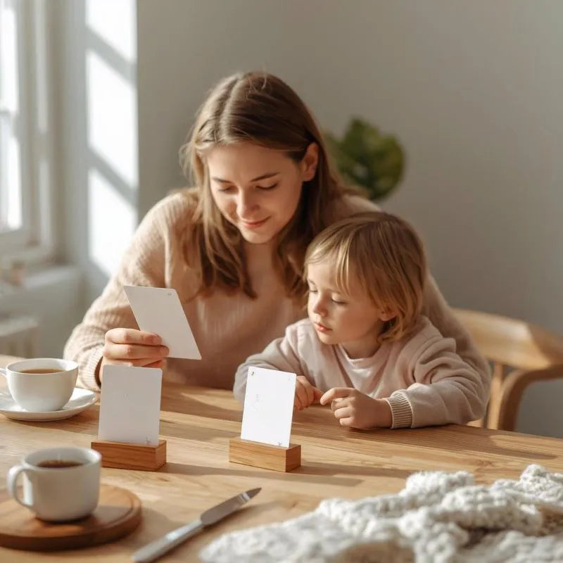 Warme ochtendscène aan een houten keukentafel met een moeder en kind die samen naar affirmatiekaarten kijken – zachte natuurlijke belichting, A7-kaarten in portretformaat met afgeronde hoeken, enkele kaarten in een houten houder, koffiekop en ontbijt op de achtergrond, gezellige huiselijke sfeer in beige en zachte pastelkleuren, focus op verbinding en de kaarten.