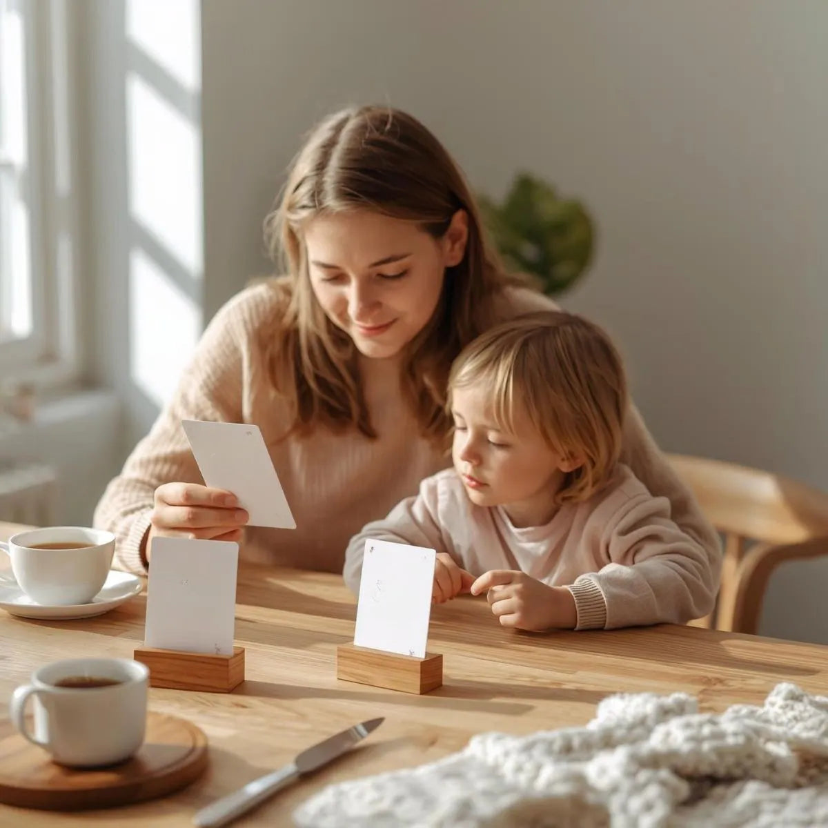 Warme ochtendscène aan een houten keukentafel met een moeder en kind die samen naar affirmatiekaarten kijken – zachte natuurlijke belichting, A7-kaarten in portretformaat met afgeronde hoeken, enkele kaarten in een houten houder, koffiekop en ontbijt op de achtergrond, gezellige huiselijke sfeer in beige en zachte pastelkleuren, focus op verbinding en de kaarten.