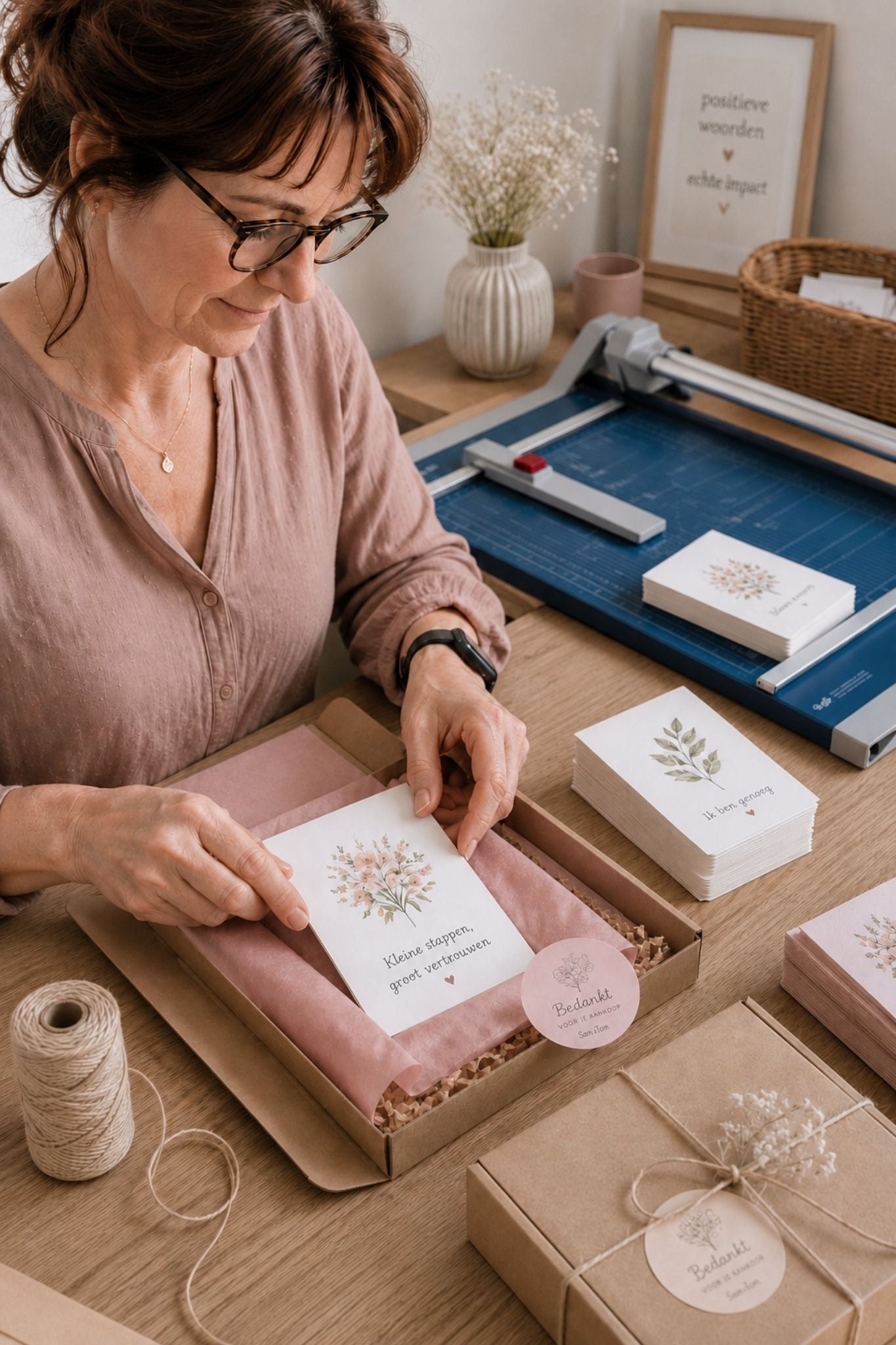 Helma van Sam-fun werkt affirmatiekaarten af en pakt ze met aandacht in tussen kaartstapels, kraftdoosjes en zachte neutrale tinten.
