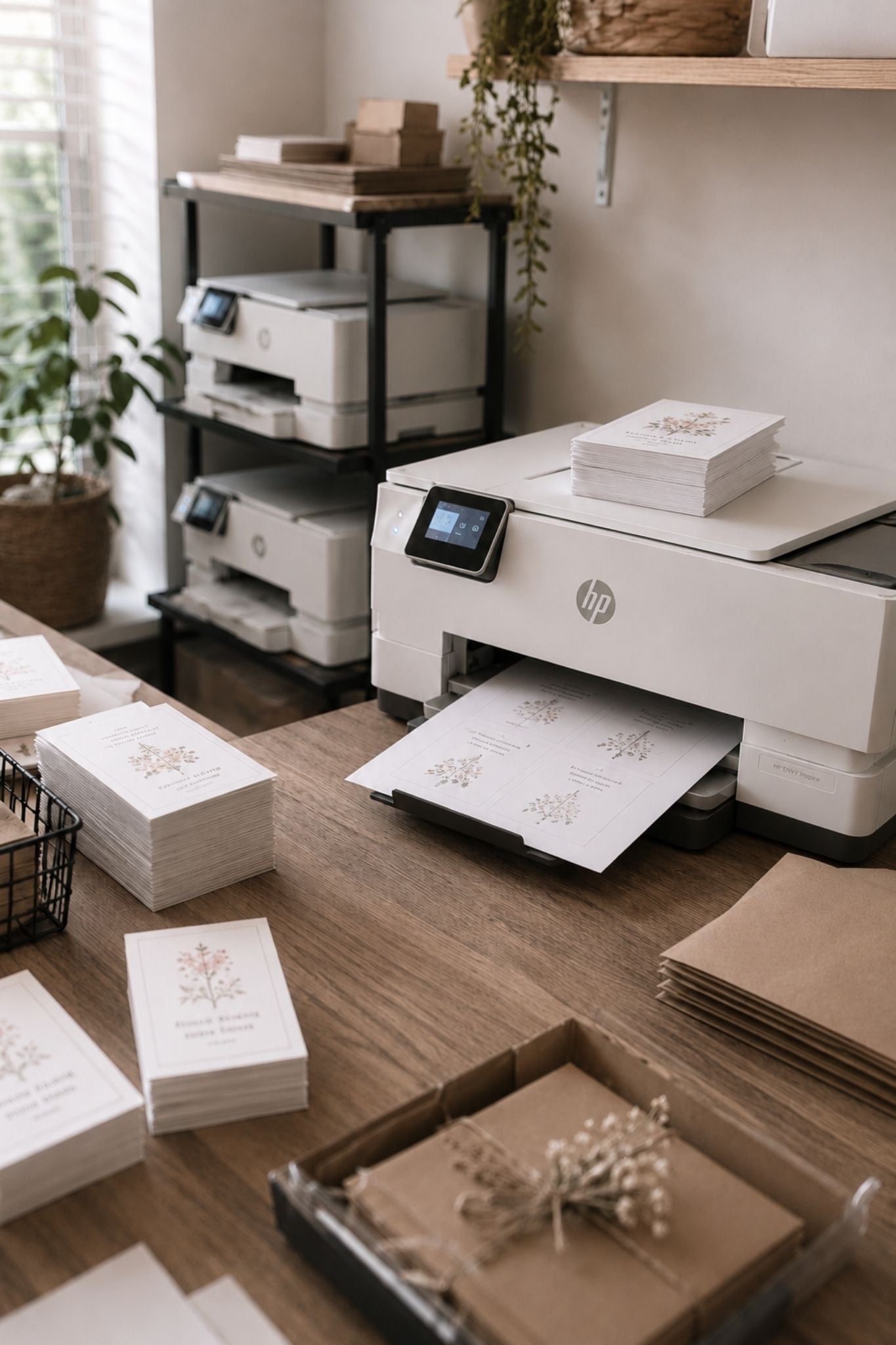 Printmoment van Sam-fun met affirmatiekaarten, kaartstapels en verpakkingsmateriaal in zachte neutrale tinten.