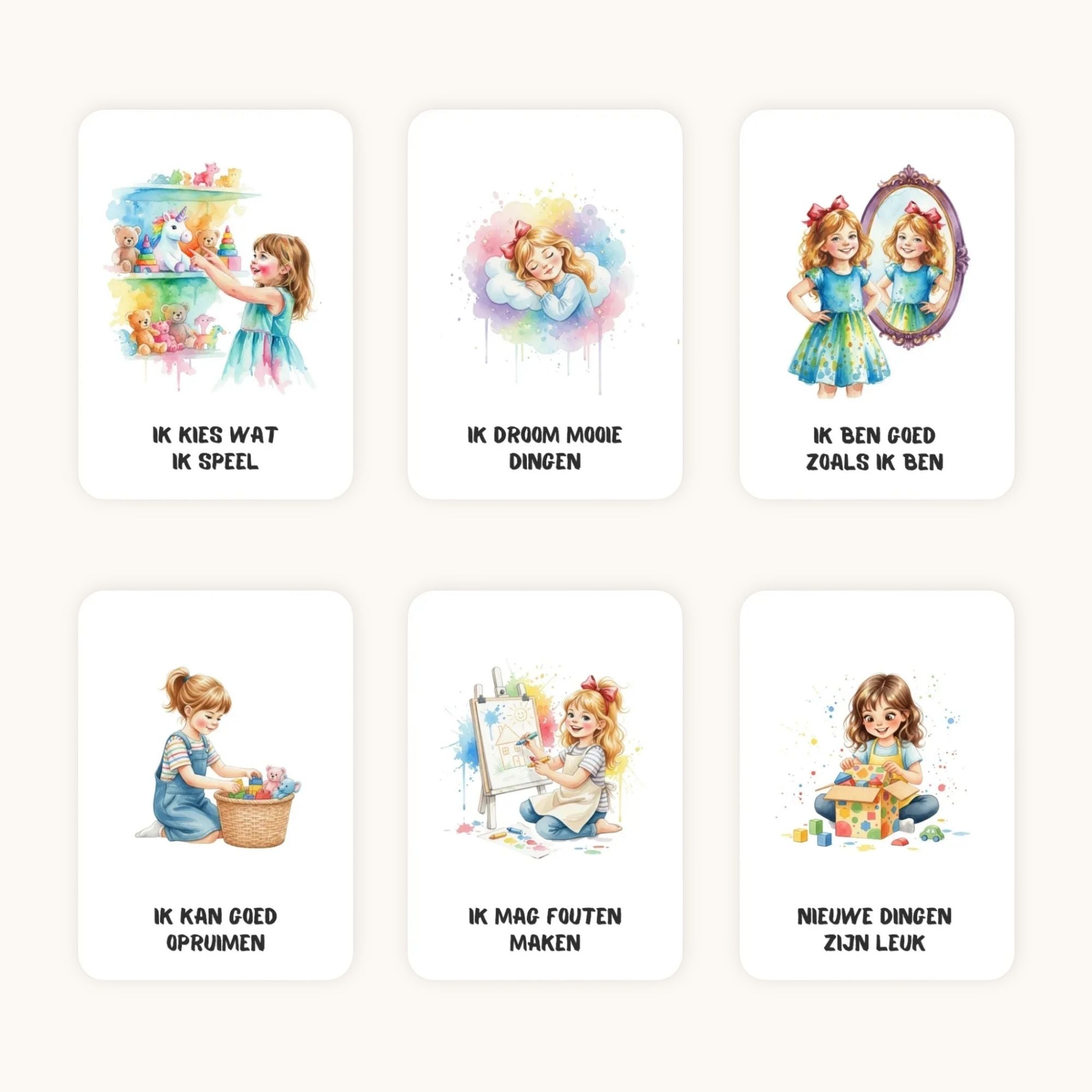 Flatlay van affirmatiekaarten voor kleuters met zachte aquarel illustraties en positieve teksten.