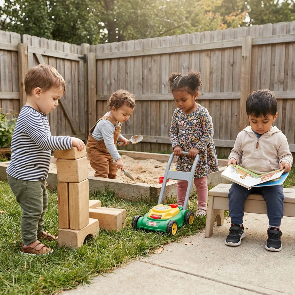 Peuters van 2 tot 4 jaar die buiten vrij spelen in een rustige en veilige omgeving