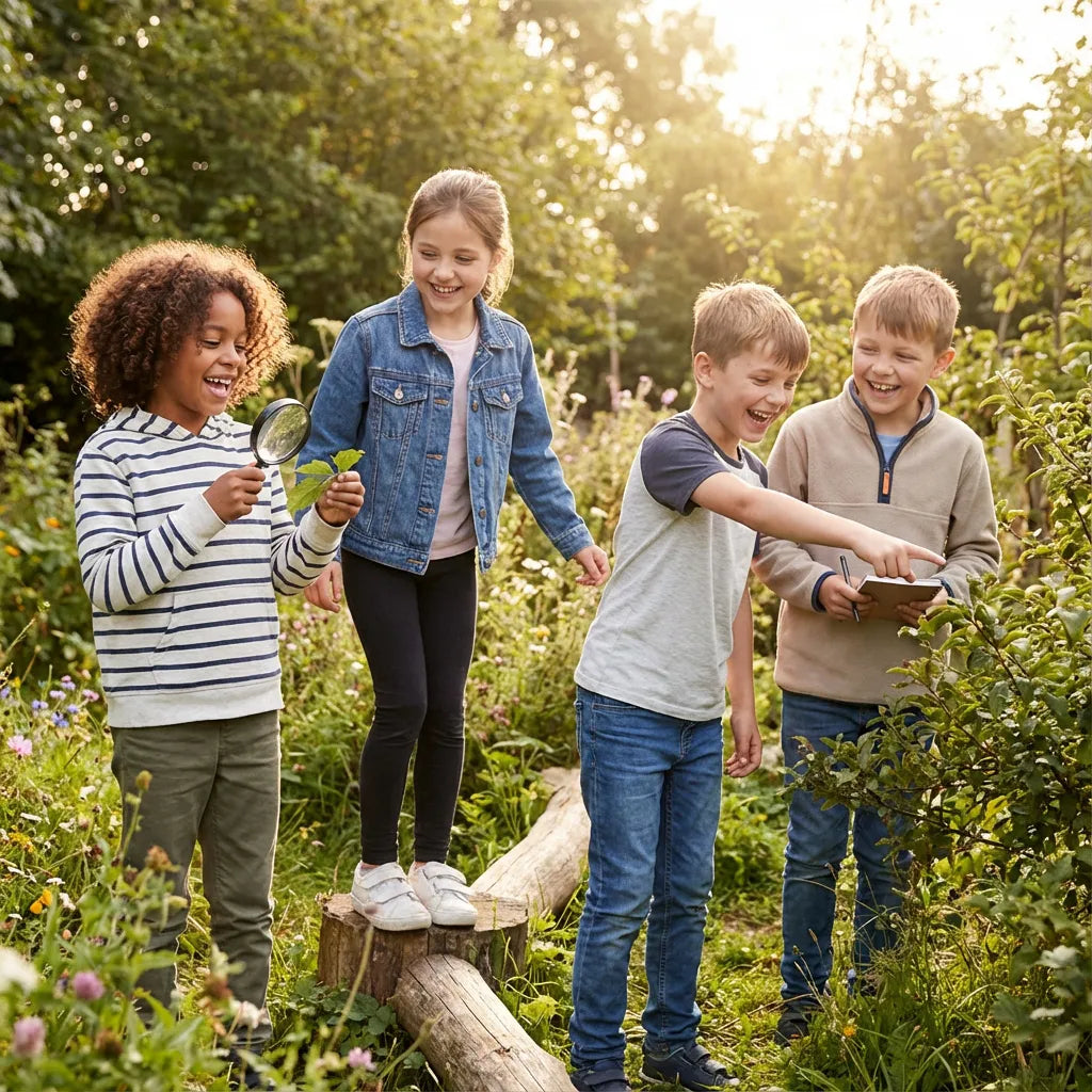 Vier schoolkinderen (6-12 jaar) buiten, spelend en interactief, diverse achtergronden, vrolijk en speels voor de collectie Schoolkinderen (6-12 jaar) - Groeikracht.