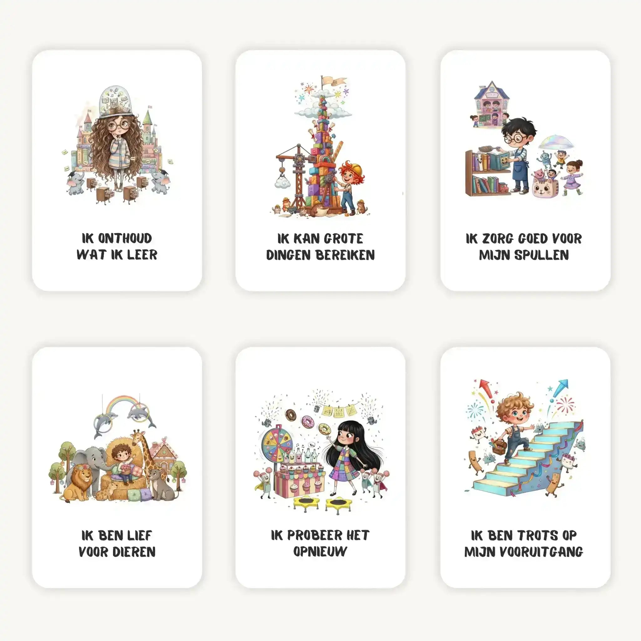 Flatlay van 6 A7 whimsical affirmatiekaarten op lichte achtergrond, overzichtelijk neergelegd