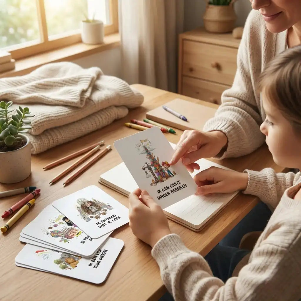 Schoolkind en ouder samen gebruikend A7 whimsical affirmatiekaarten, ondersteunende interactieve omgeving