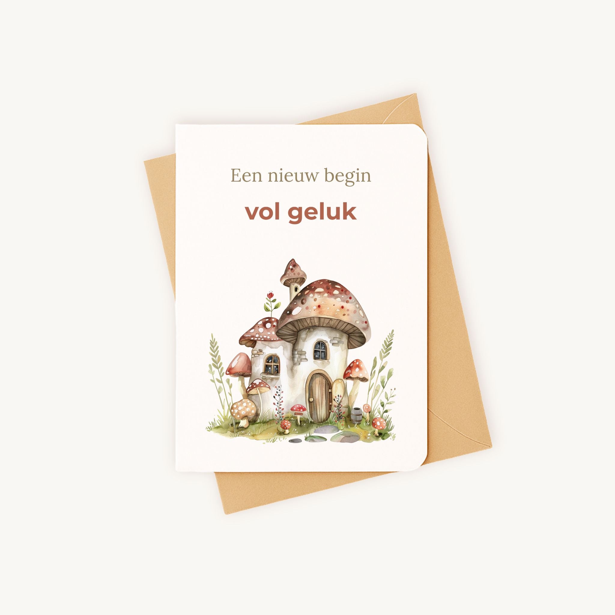 Verhuiskaart aquarel paddenstoel met kraft envelop