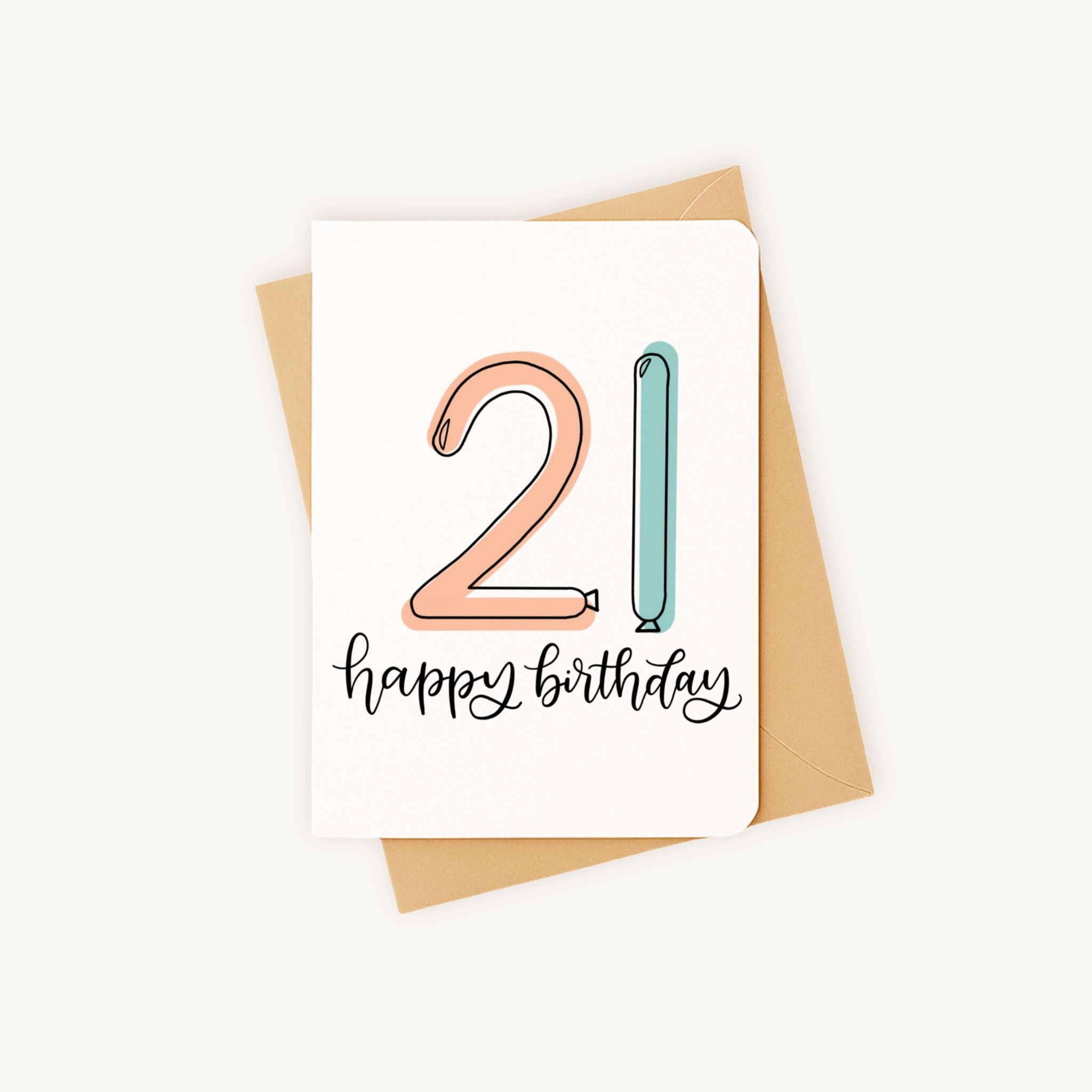 Verjaardagskaart 21 liggend met kraft envelop klaar voor verzending