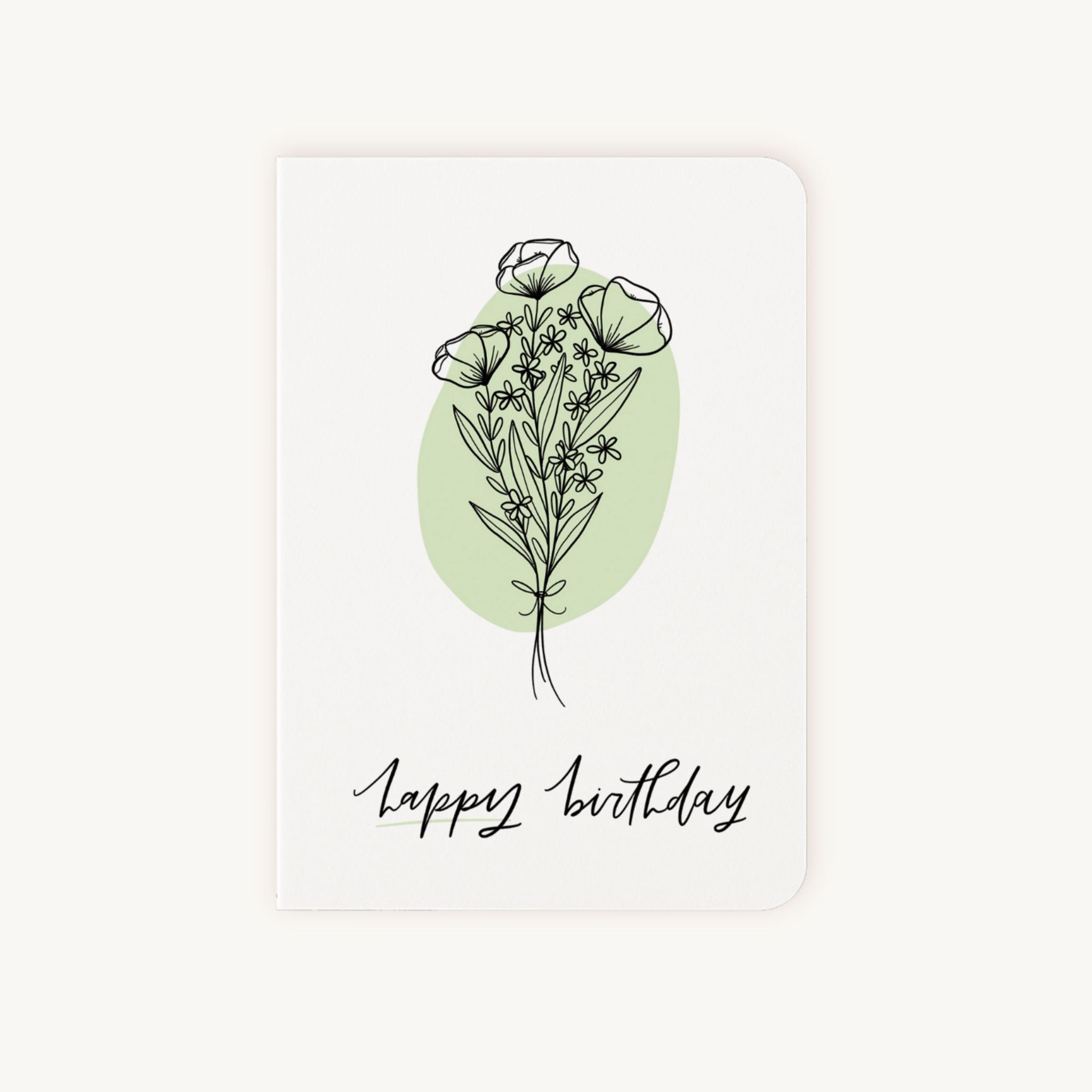 Verjaardagskaart line art bloemen voorkant zwart groene accenten Happy Birthday tekst