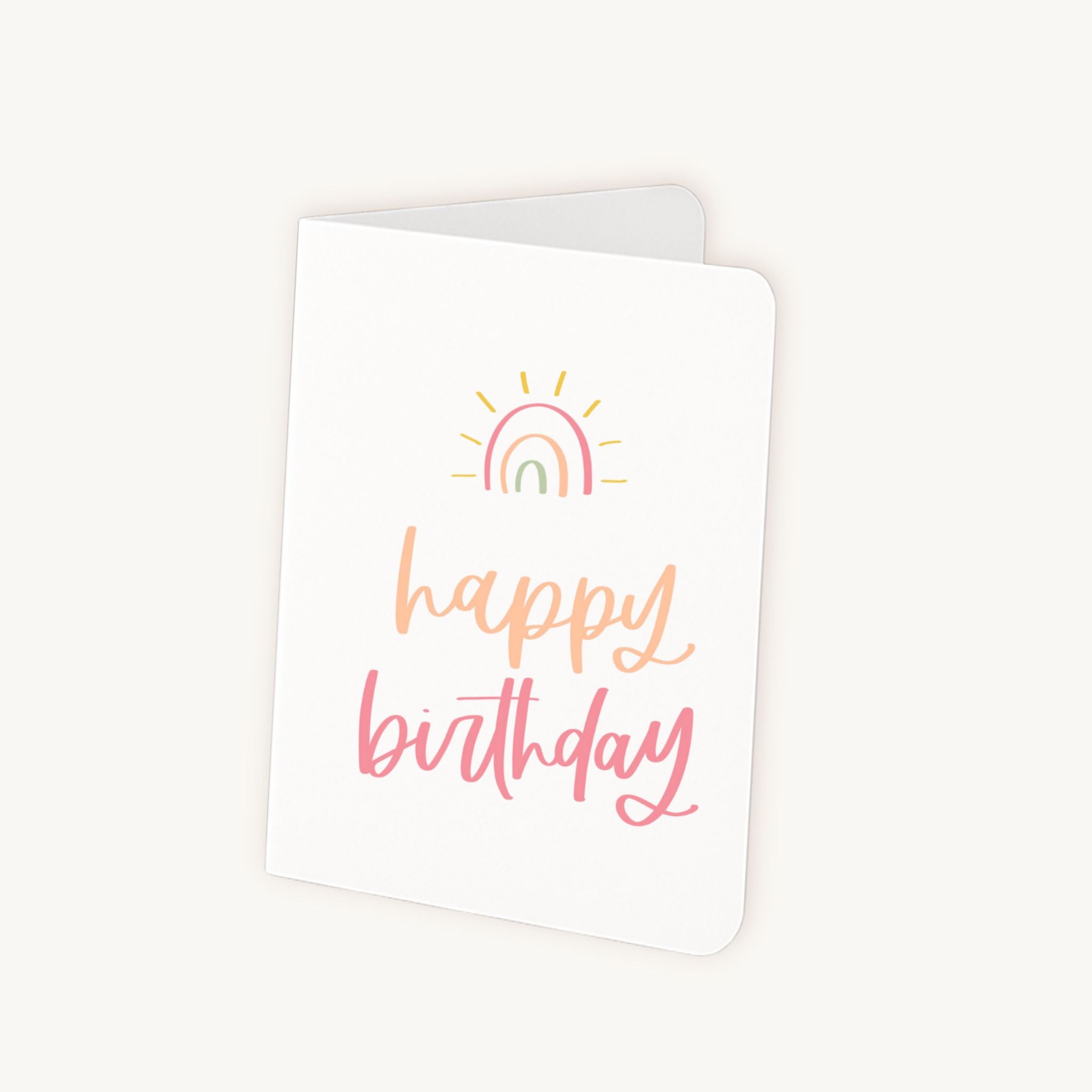 Verjaardagskaart regenboog half geopend, witte binnenkant zichtbaar