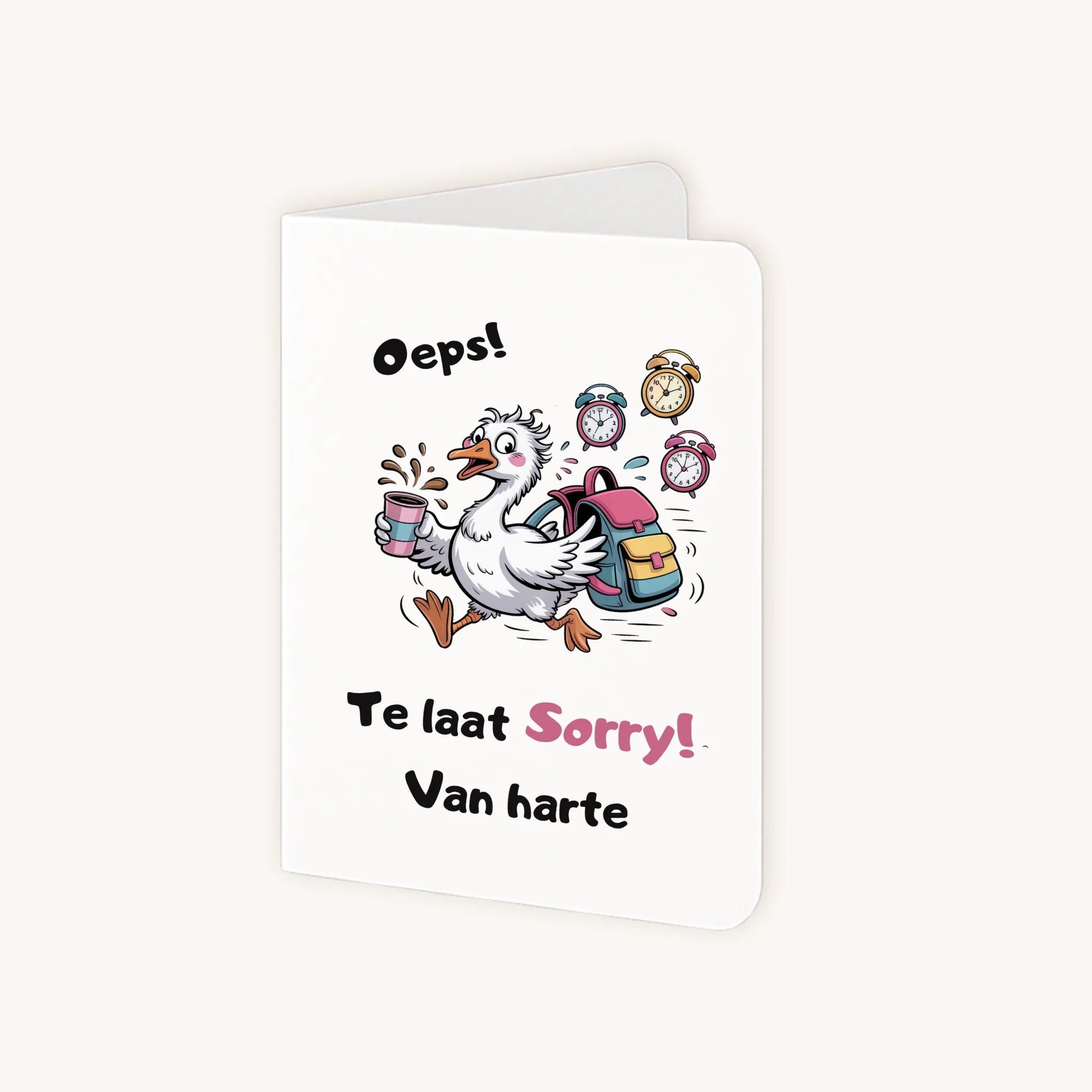 Staande verjaardagskaart half geopend met gans en wekkersillustratie.