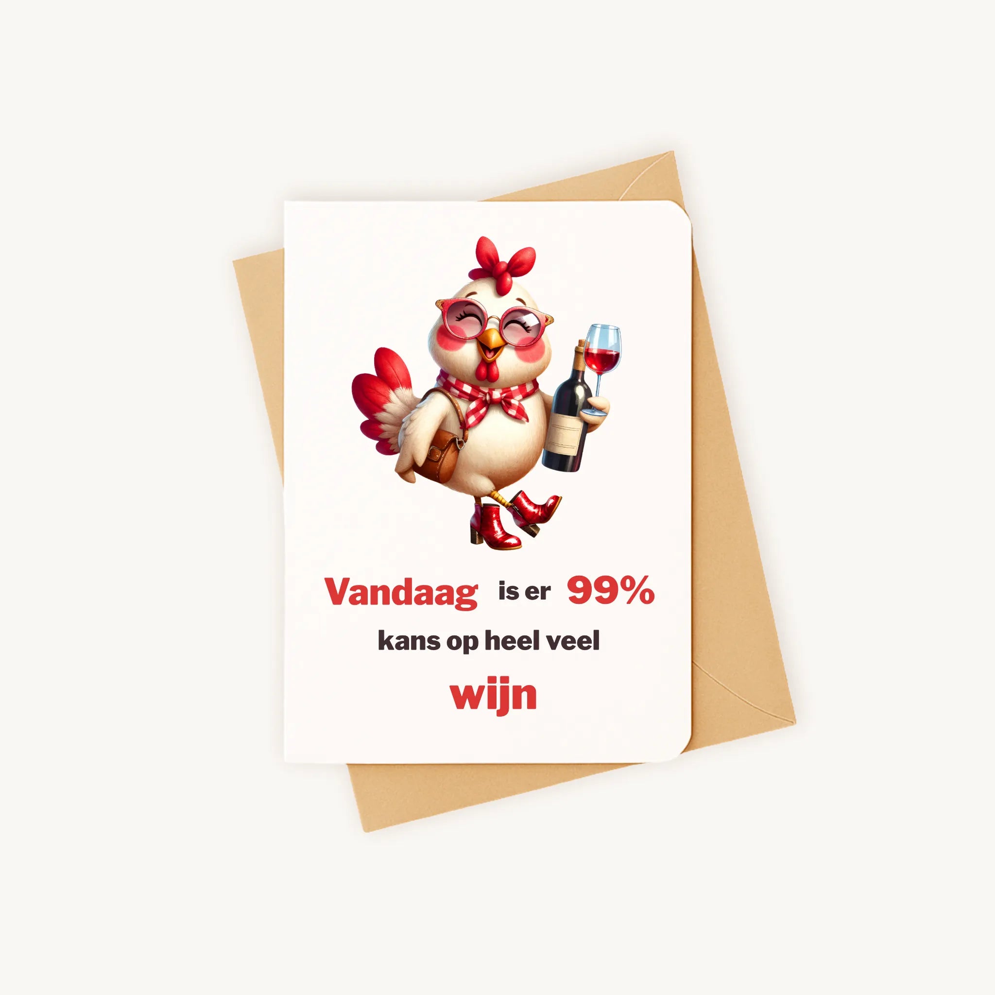 Staande verjaardagskaart met wijnliefhebbende kipillustratie op kraftenvelop.
