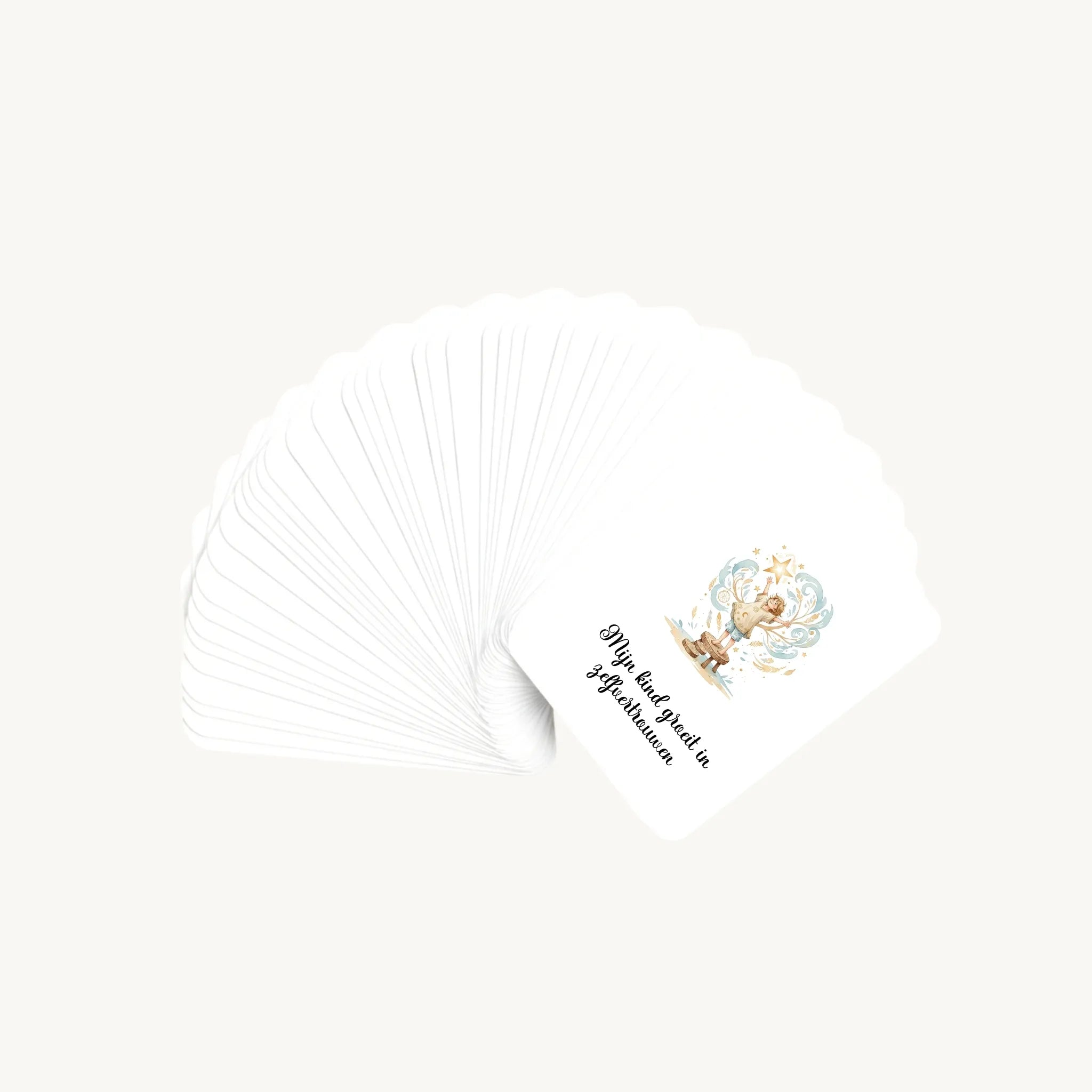 Waaier van 30 dreamy boho aquarelkaarten met korte affirmaties over het opvoeden van kleuters, waarbij alleen de bovenste illustratie zichtbaar is, in een zachte en harmonieuze stijl.