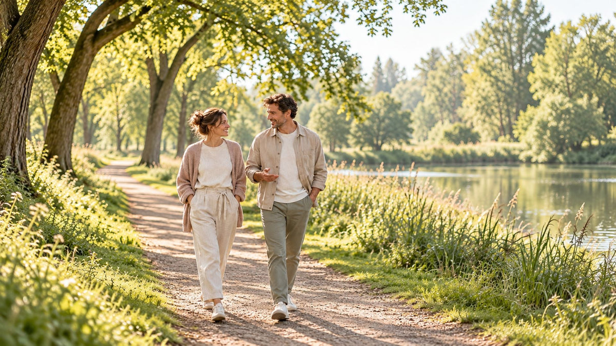 Twee volwassenen wandelen samen over een groen parkpad en praten met elkaar in zacht ochtendlicht.