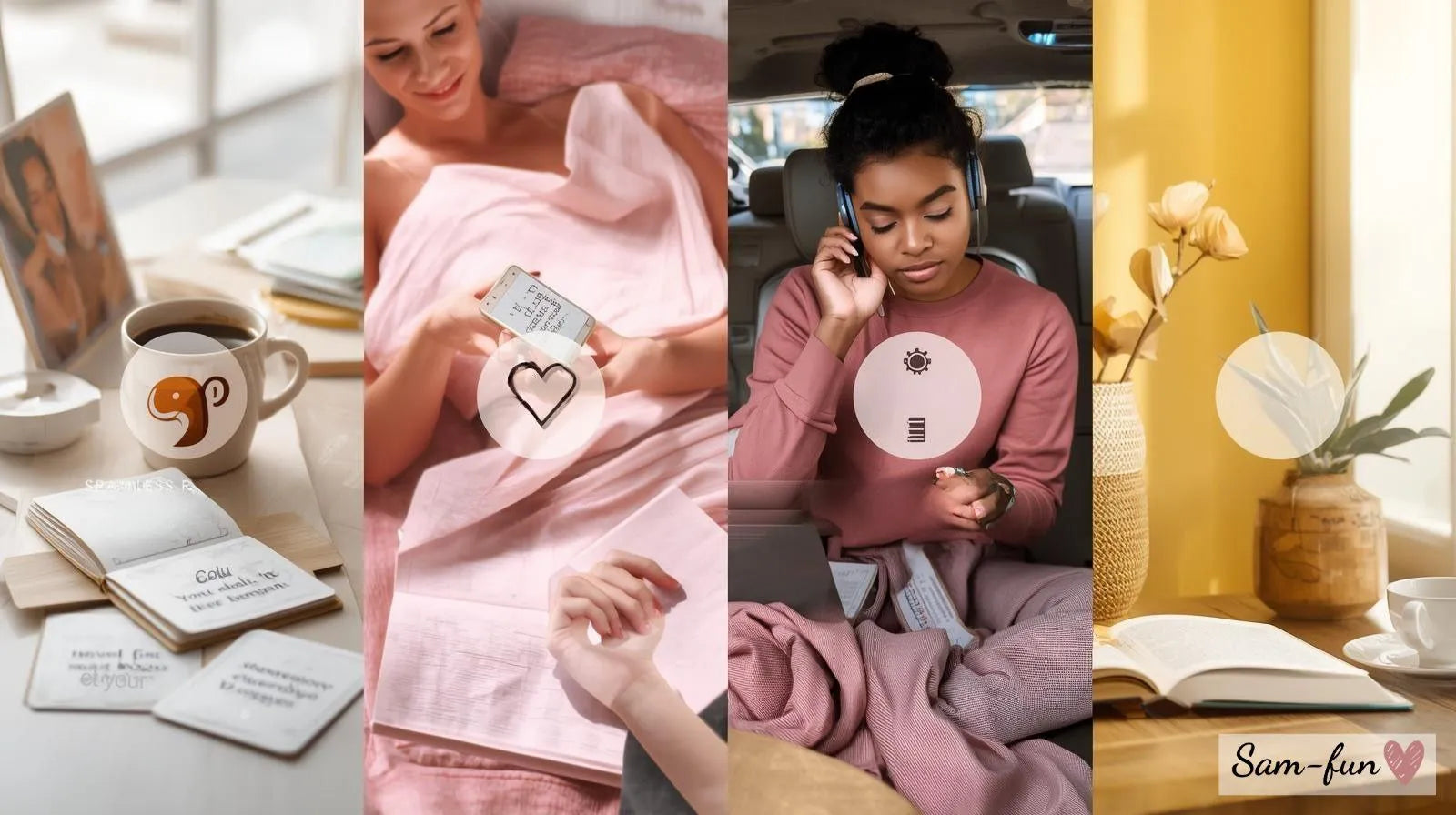 Dagelijkse affirmatie routine met verschillende momenten: ochtend koffie, autorit, lunchpauze en avond ritueel met affirmatie kaarten