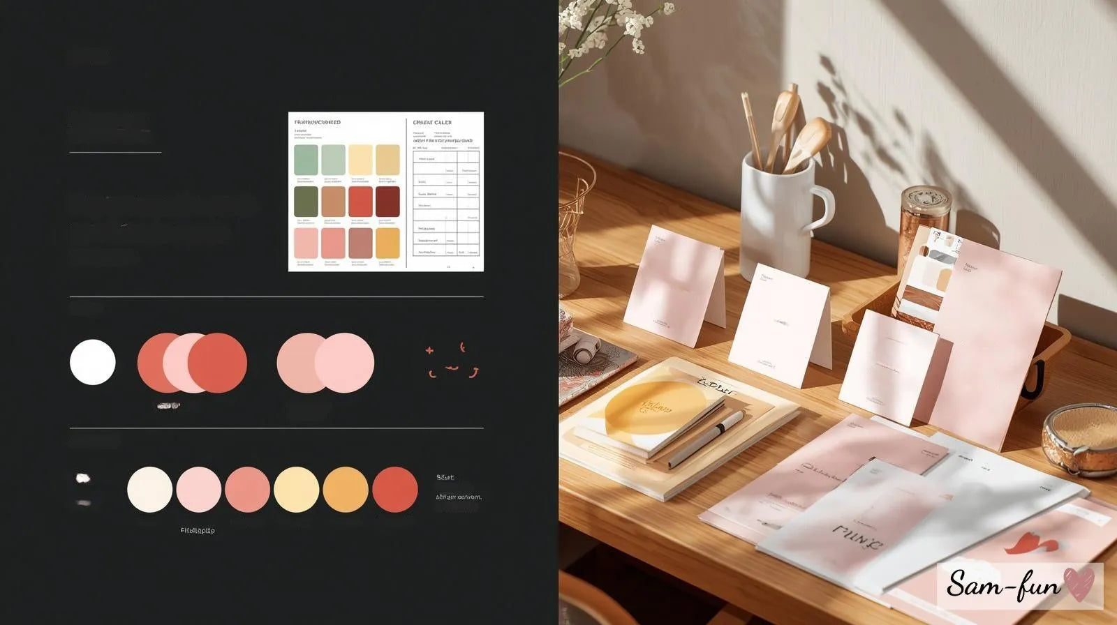 Affirmatie kaarten ontwerpen: design werkplek met typografie, kleurpaletten en mooie affirmatie kaarten in Sam-fun kleuren