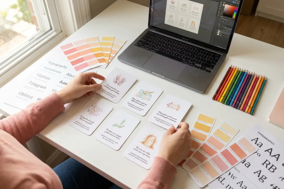 Design werkplek affirmatie kaarten ontwerpen met kleurpaletten typografie en Sam-fun kaarten