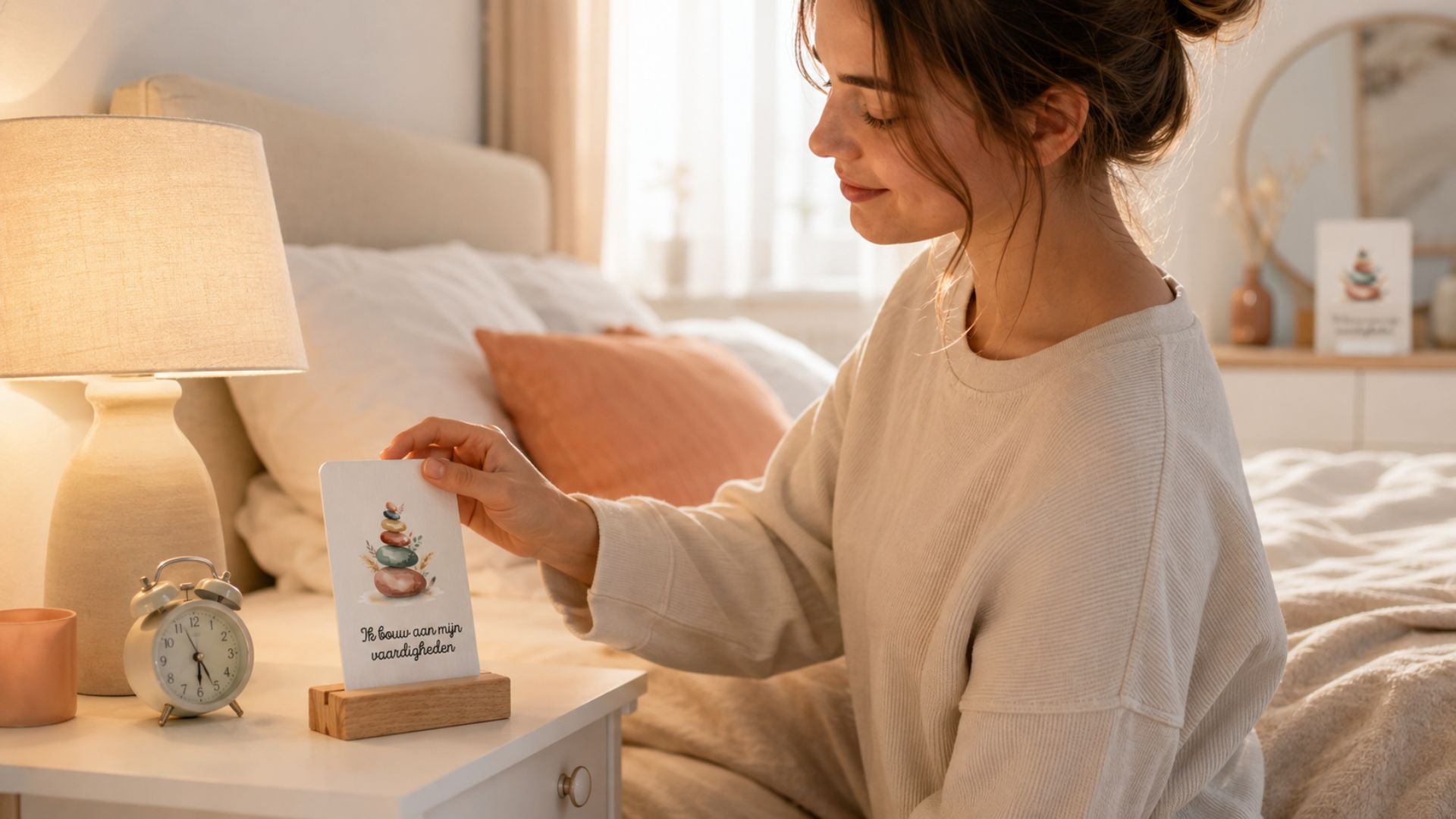 Een jonge vrouw zet een affirmatiekaart op haar nachtkastje, zodat ze de kaart dagelijks ziet als rustige reminder.