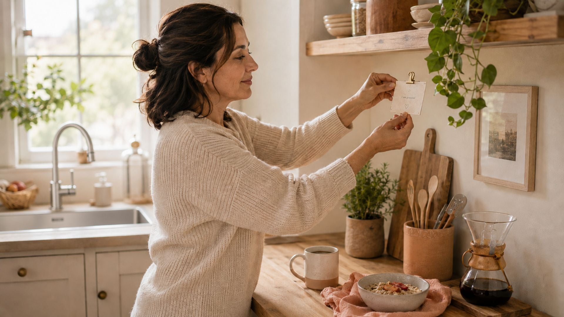 Een vrouw hangt een klein affirmatiekaartje op een vaste plek in de keuken, naast ontbijtspullen op het aanrecht, als rustig dagelijks moment.