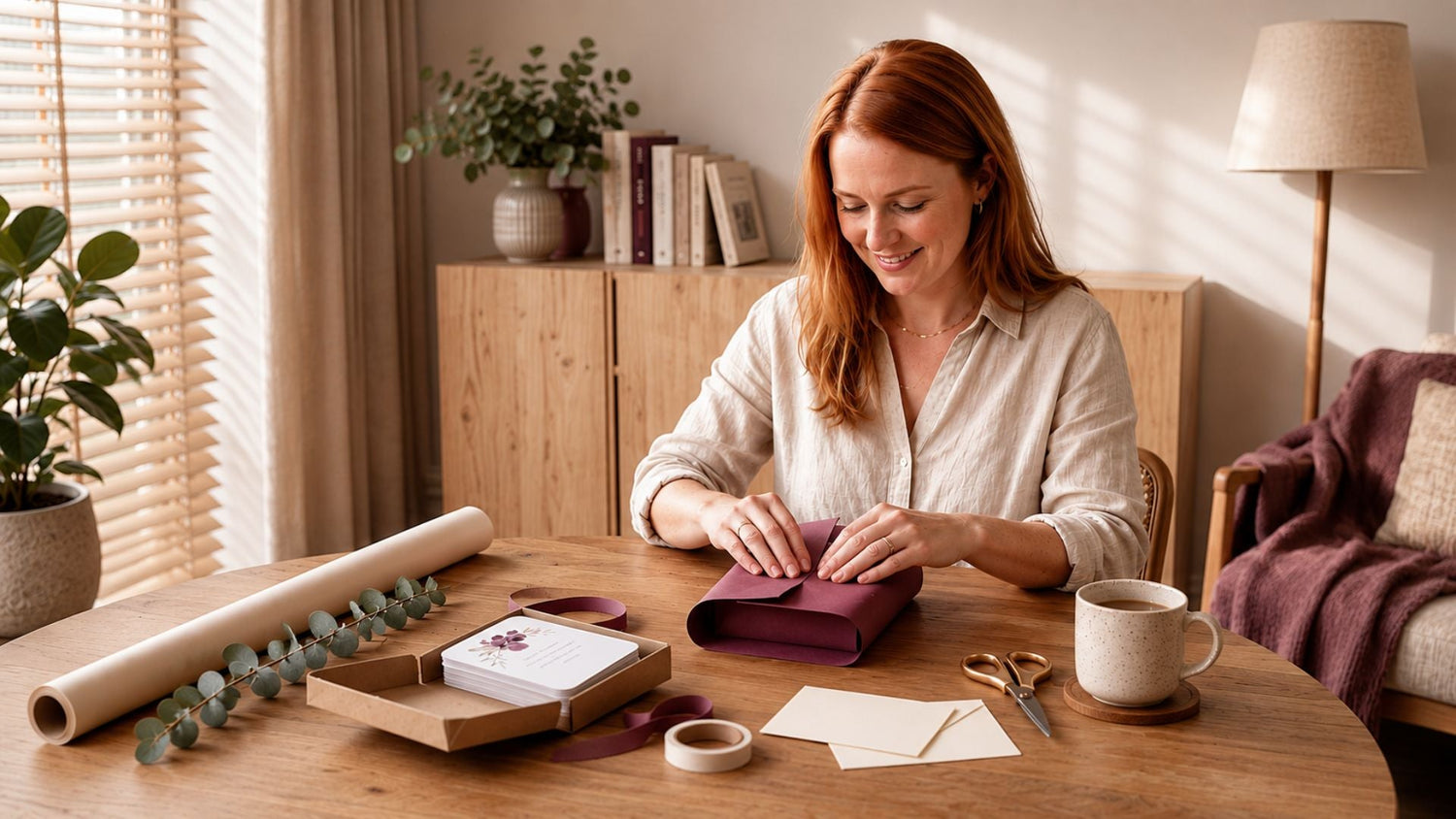 Een jonge vrouw pakt affirmatiekaarten rustig in als persoonlijk cadeau.Een jonge vrouw pakt affirmatiekaarten rustig in als persoonlijk cadeau.