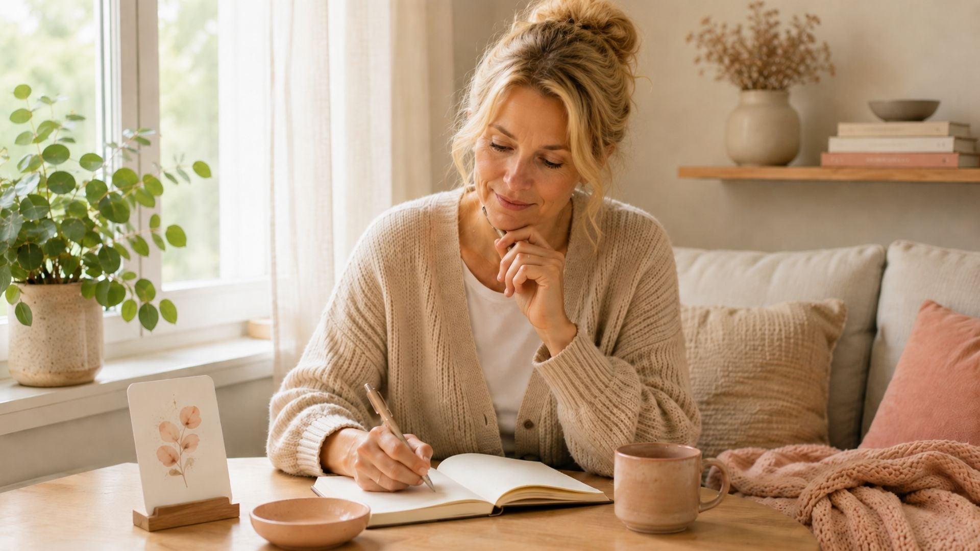 Blonde vrouw schrijft in een journal en denkt rustig na over het aanpassen van een affirmatie aan haar eigen situatie.