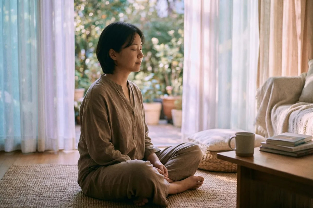 Persoon in vredige meditatie - affirmaties voor angst en stress vermindering en innerlijke rust