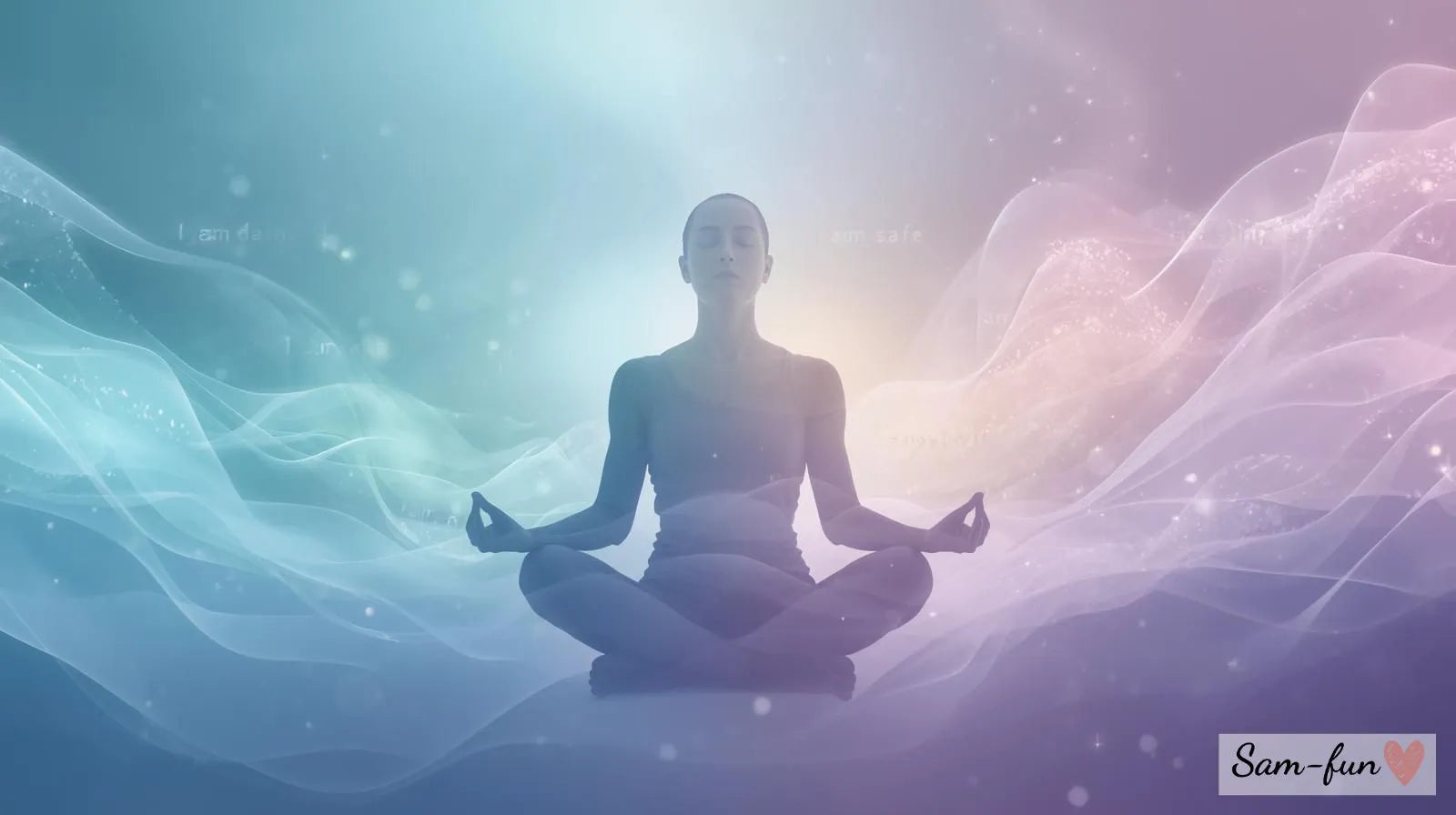 Persoon in vredige meditatie omringd door kalmerende affirmaties voor angst en stress vermindering