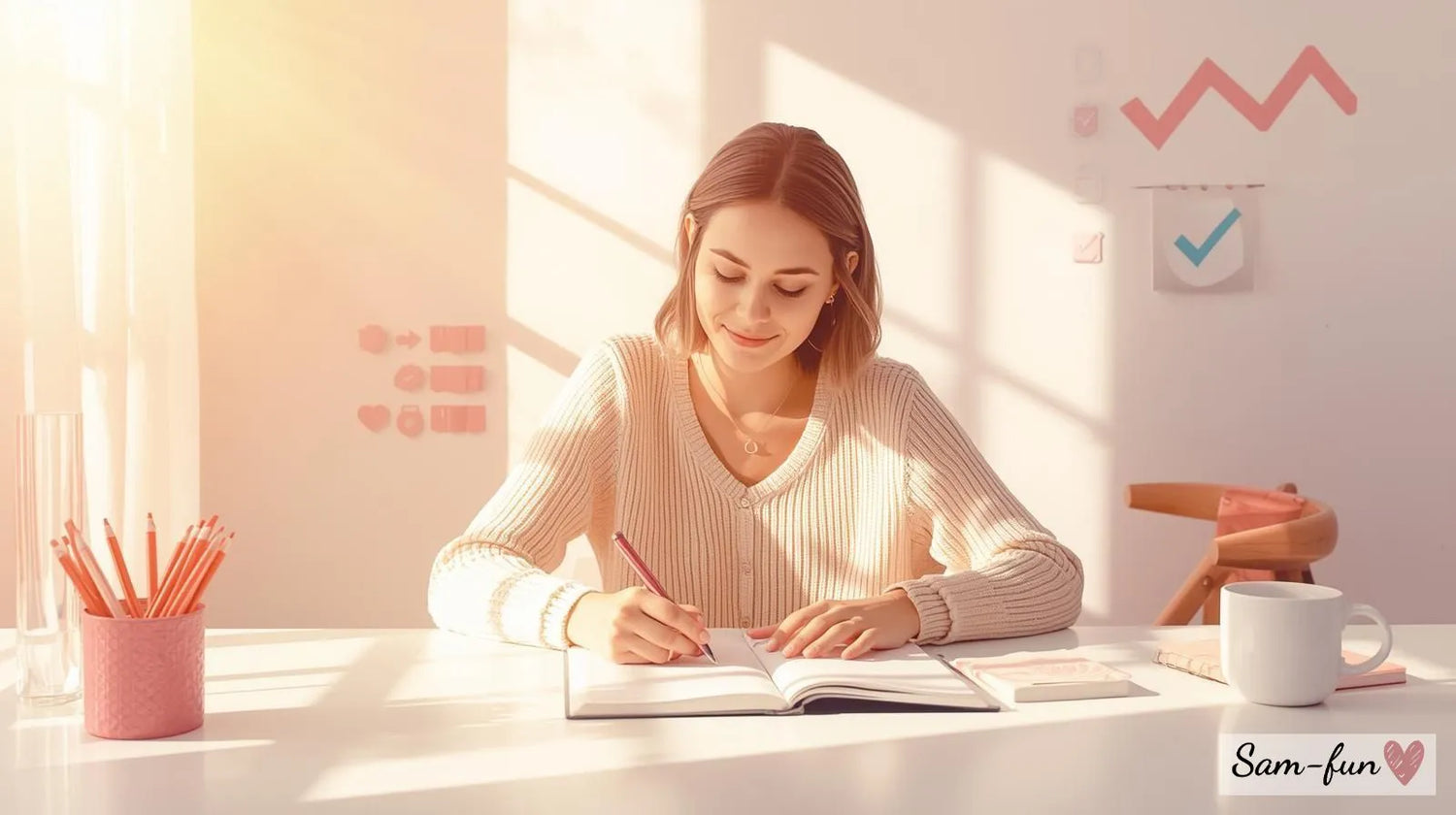 Persoon die leert van fouten en effectieve affirmaties schrijft in dagboek met checklist en koffie