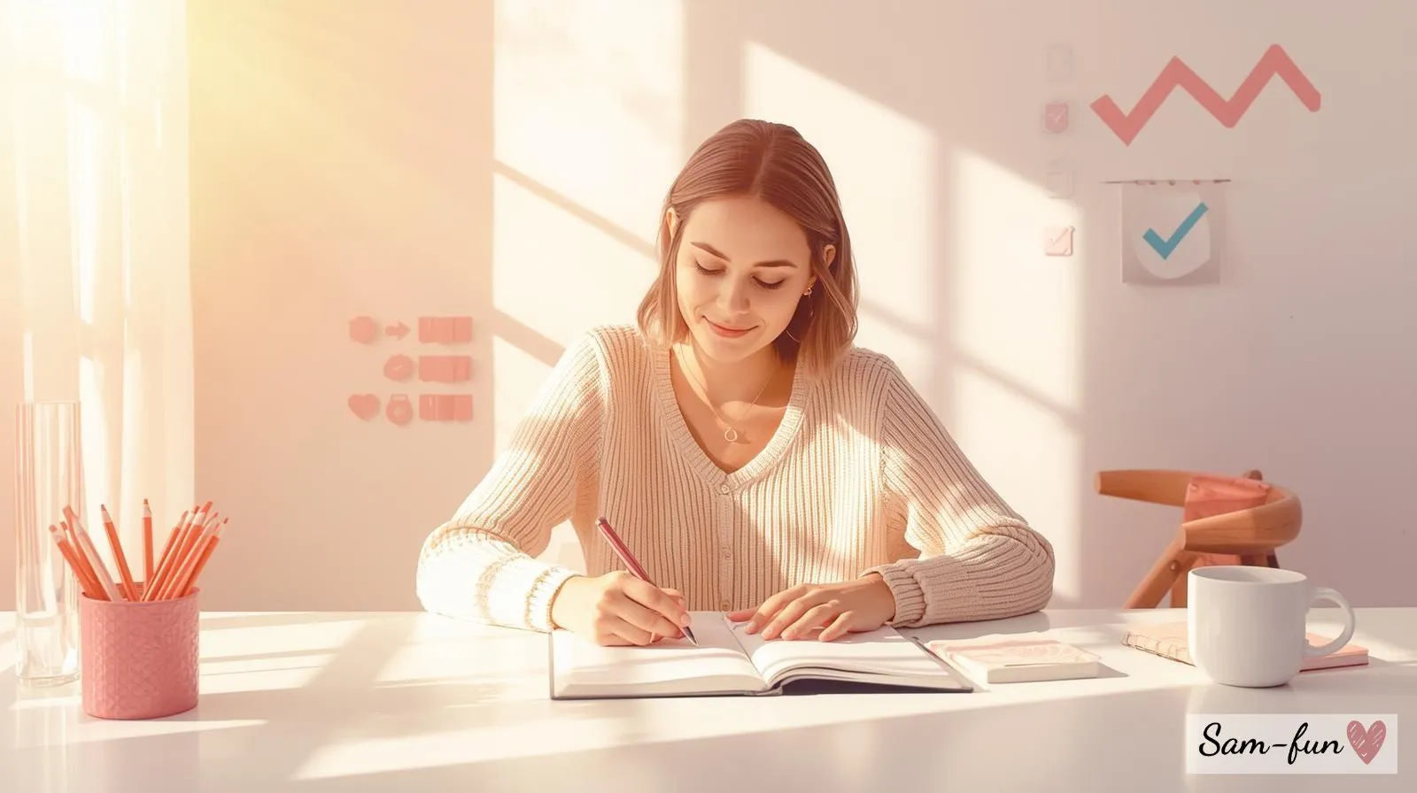 Persoon die leert van fouten en effectieve affirmaties schrijft in dagboek met checklist en koffie