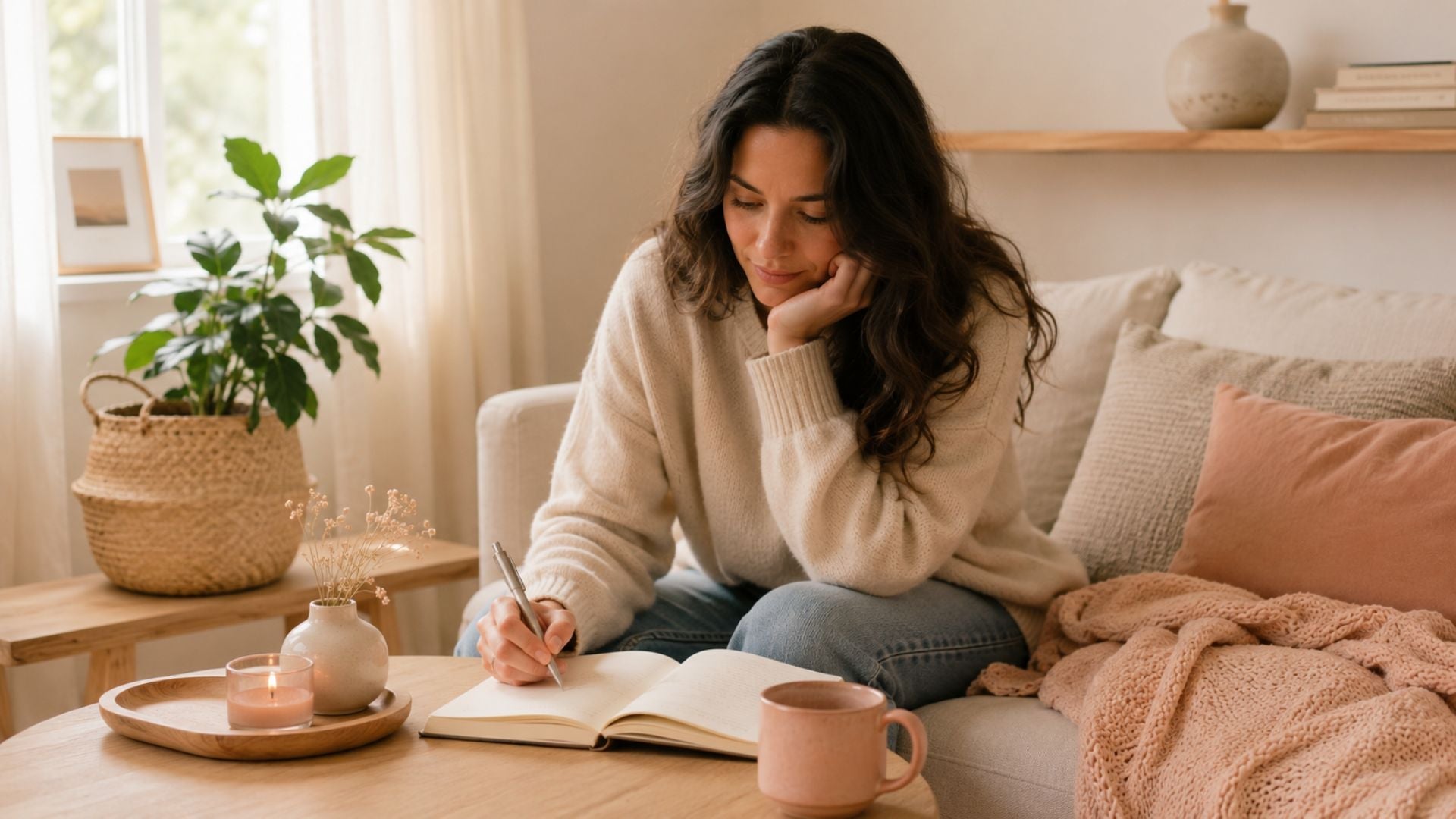 Vrouw zit op de bank met een open journal en denkt na over een haalbare affirmatie die beter bij haar past.