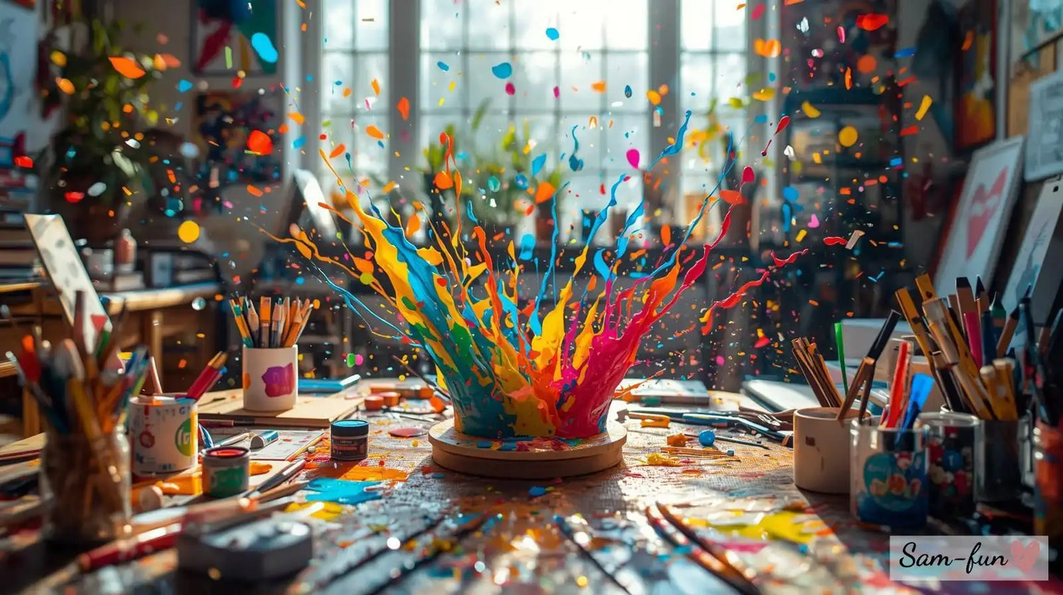 Creatieve werkruimte met kleurrijke verfspatten, kunstmaterialen en energieke, inspirerende sfeer.