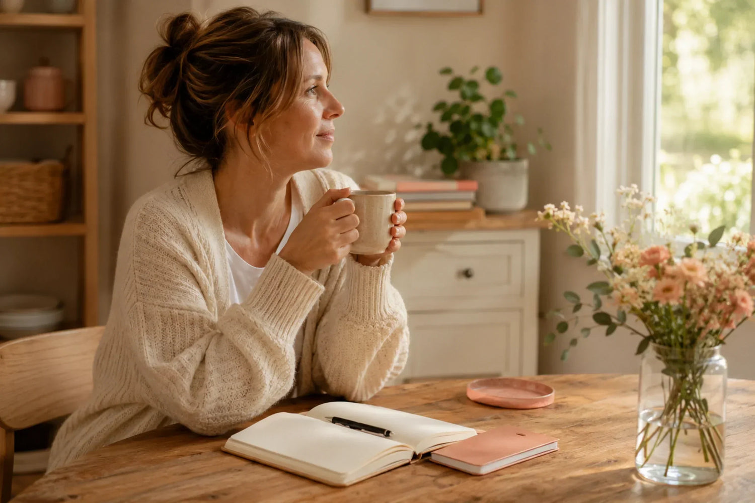 Dagelijkse affirmatie routine met verschillende momenten: ochtend koffie, autorit, lunchpauze en avond ritueel met affirmatie kaarten