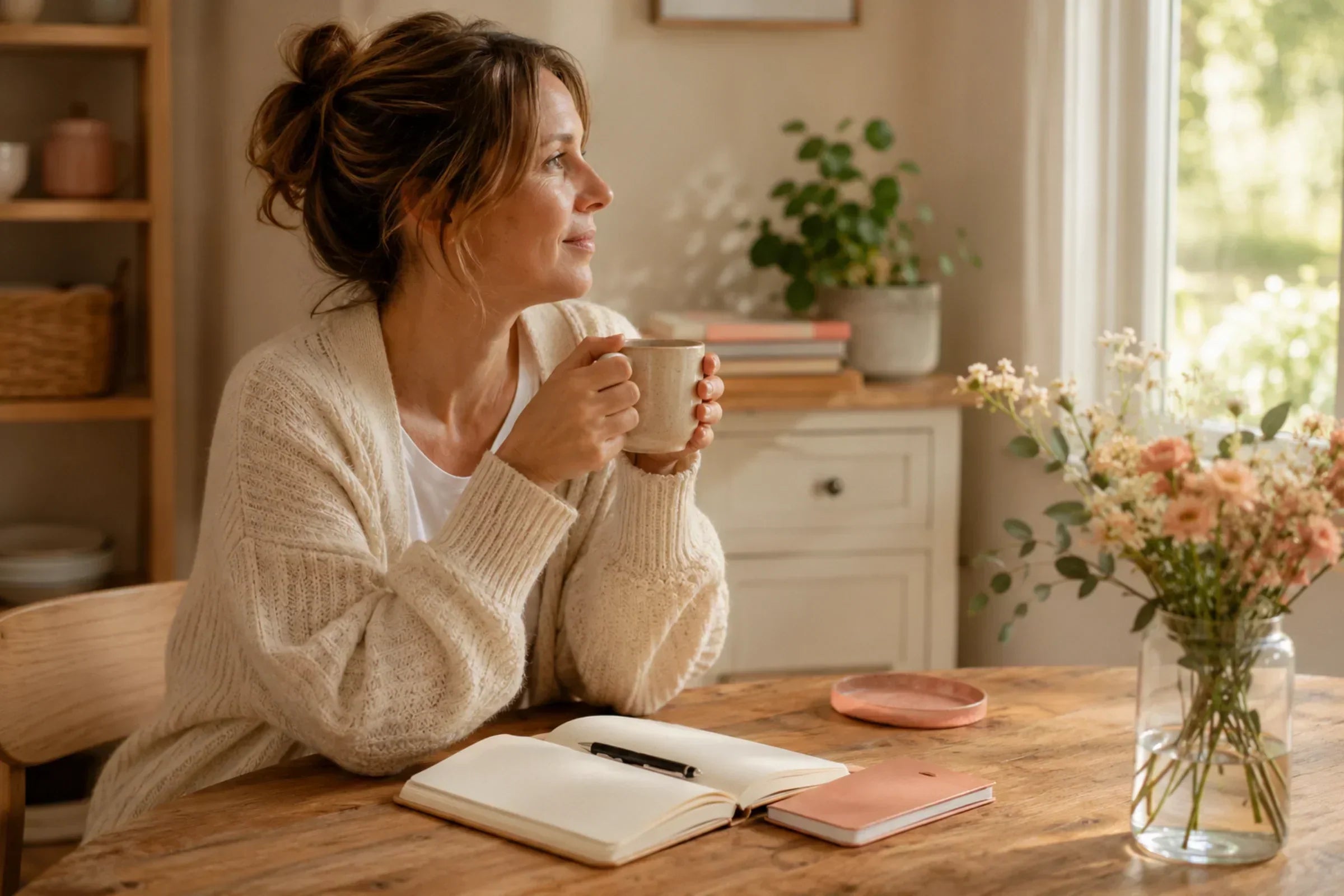 Dagelijkse affirmatie routine met verschillende momenten: ochtend koffie, autorit, lunchpauze en avond ritueel met affirmatie kaarten