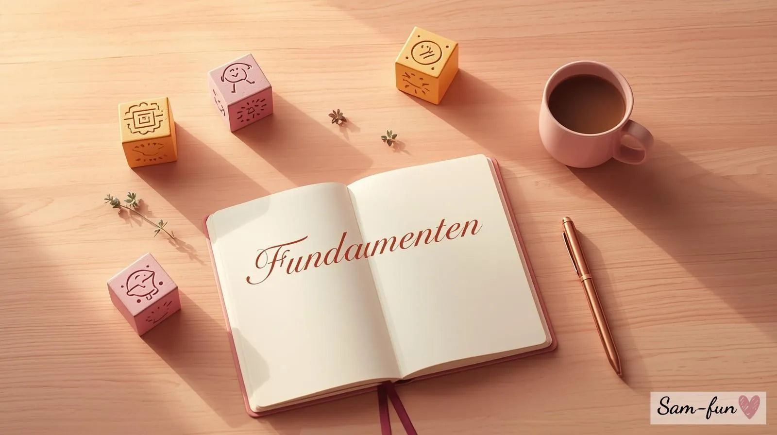 Affirmaties fundamenten masterclass deel 1 met journal en bouwstenen op bureau