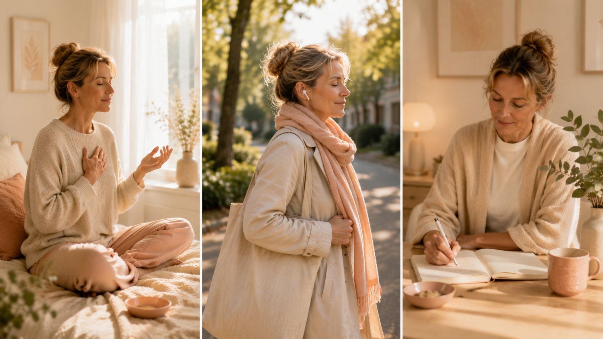 Drieluik met een vrouw die thuis rustig een affirmatie hardop oefent, buiten in gedachten herhaalt en aan tafel een zin opschrijft.