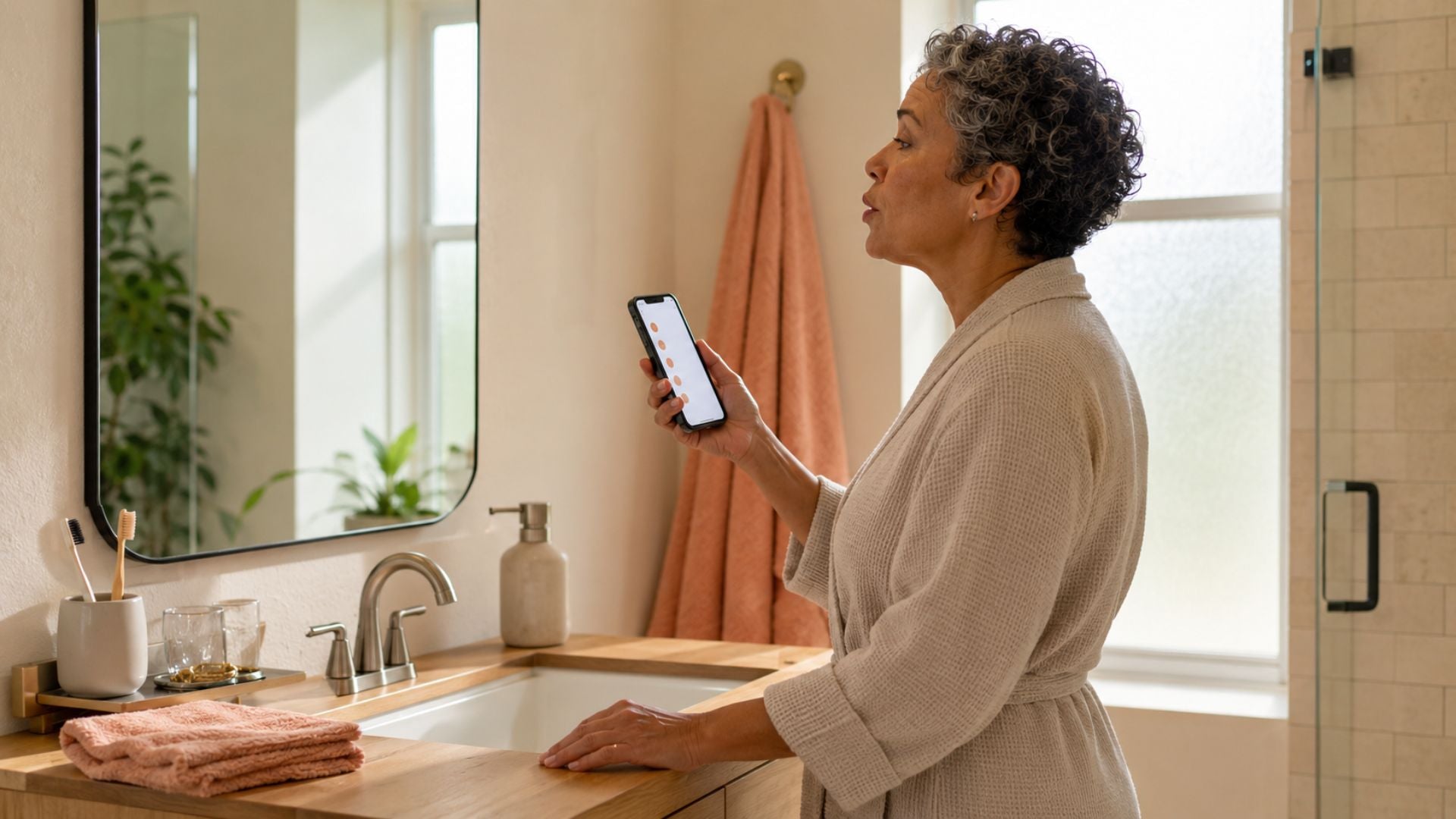 Vrouw staat in de badkamer met een telefoon in haar hand en herhaalt rustig een affirmatie tijdens haar ochtendroutine.