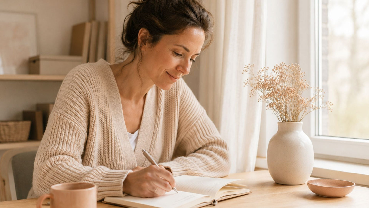 Vrouw schrijft rustig in een journal bij het raam als startpunt voor het combineren van affirmaties en journaling.