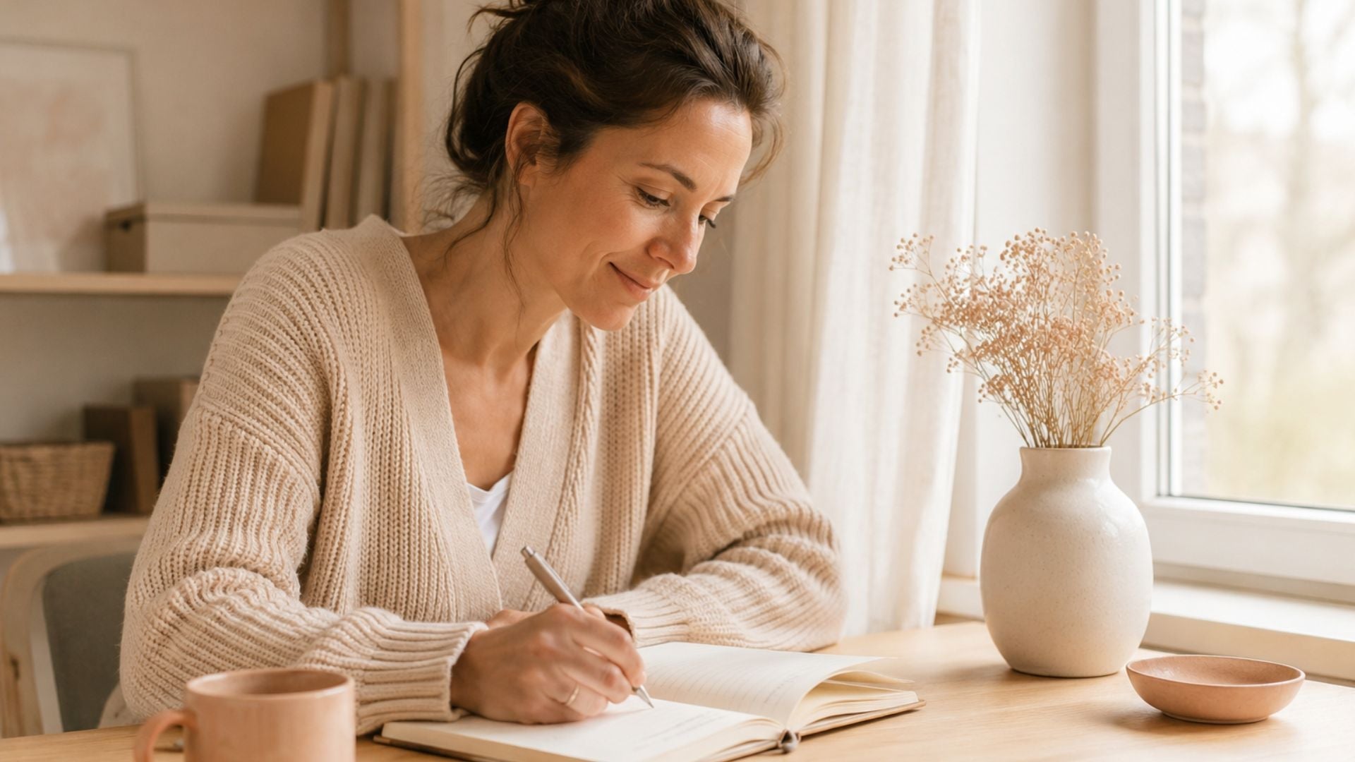 Vrouw schrijft rustig in een journal bij het raam als startpunt voor het combineren van affirmaties en journaling.