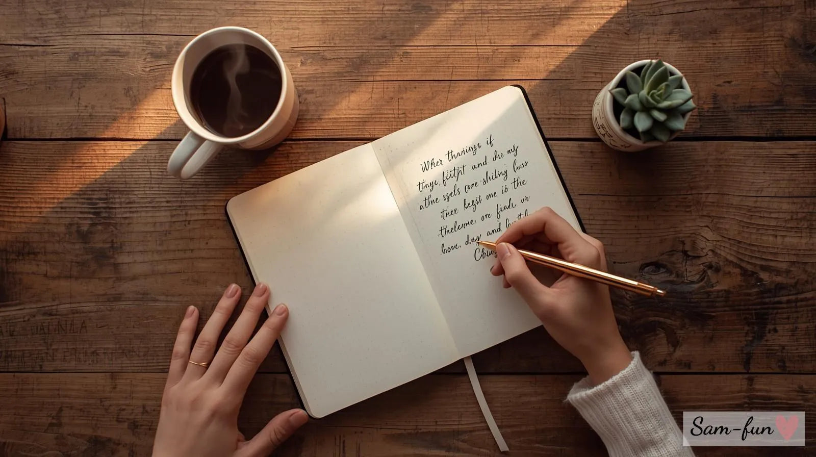 Open journal met handgeschreven affirmaties op houten bureau met koffie en pen - affirmaties journaling
