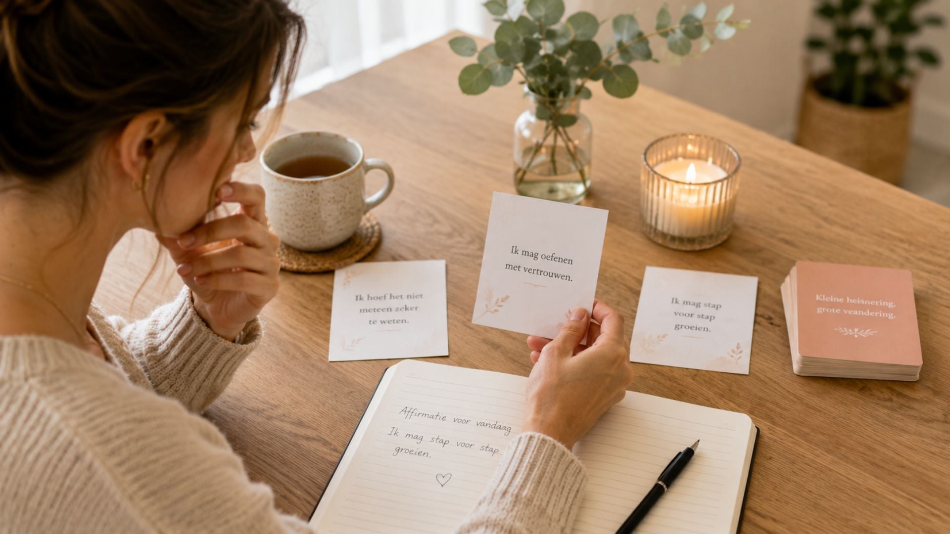 Een vrouw vergelijkt verschillende affirmatiekaarten aan een houten tafel en schrijft in haar notitieboek een zin die beter past bij haar gevoel van dat moment.