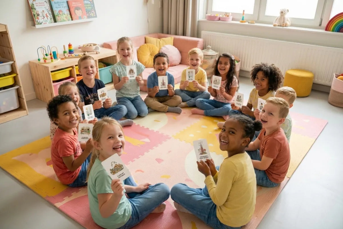 Groep vrolijke kinderen van 2 tot 12 jaar met kleurrijke affirmatie-kaarten - positieve affirmaties voor kleuters en schoolkinderen
