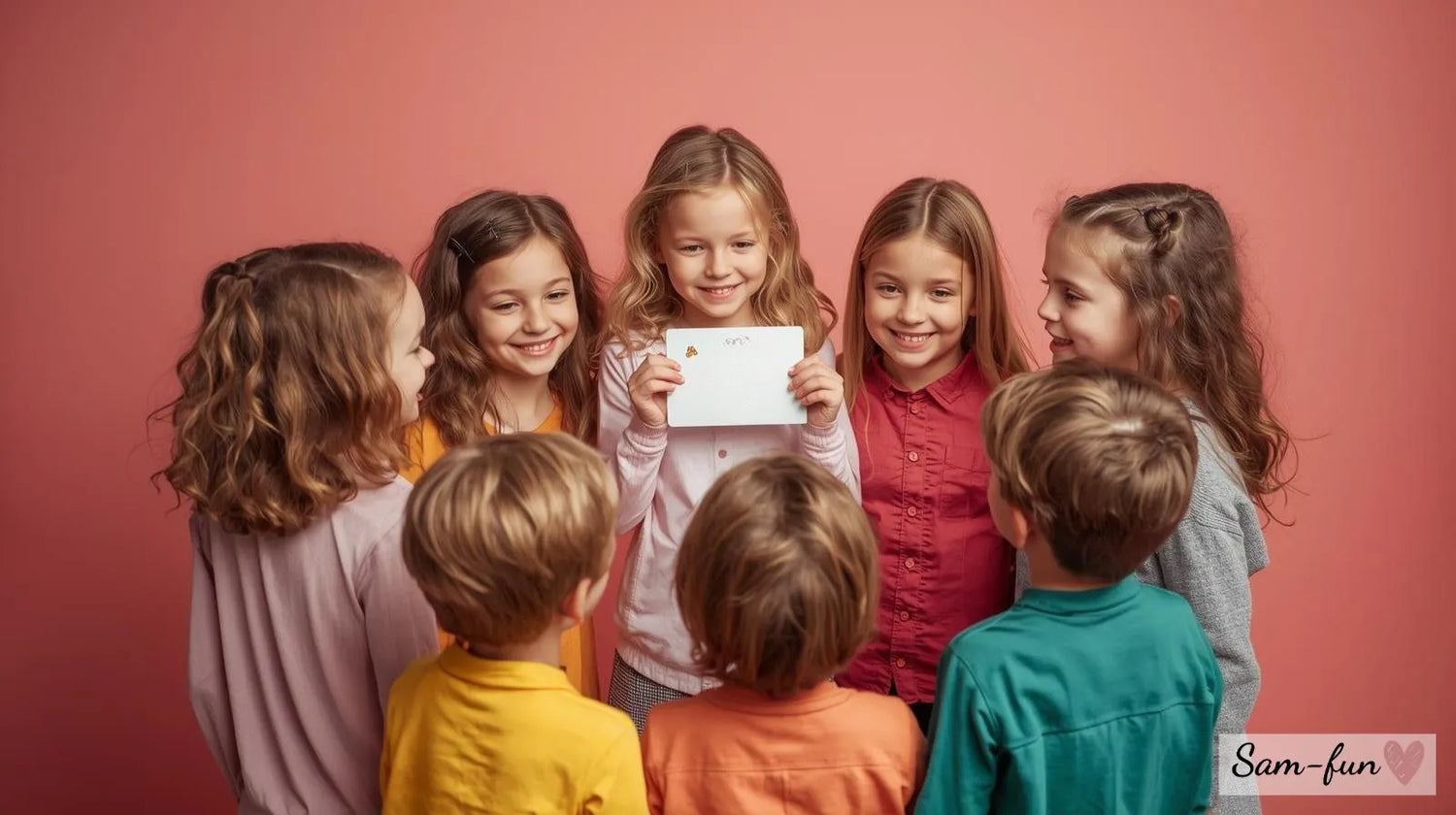 Vrolijke kinderen van 3 tot 12 jaar in een cirkel met kleurrijke affirmatie-kaarten, symboliseert positieve affirmaties voor kleuters en schoolkinderen om zelfvertrouwen op te bouwen