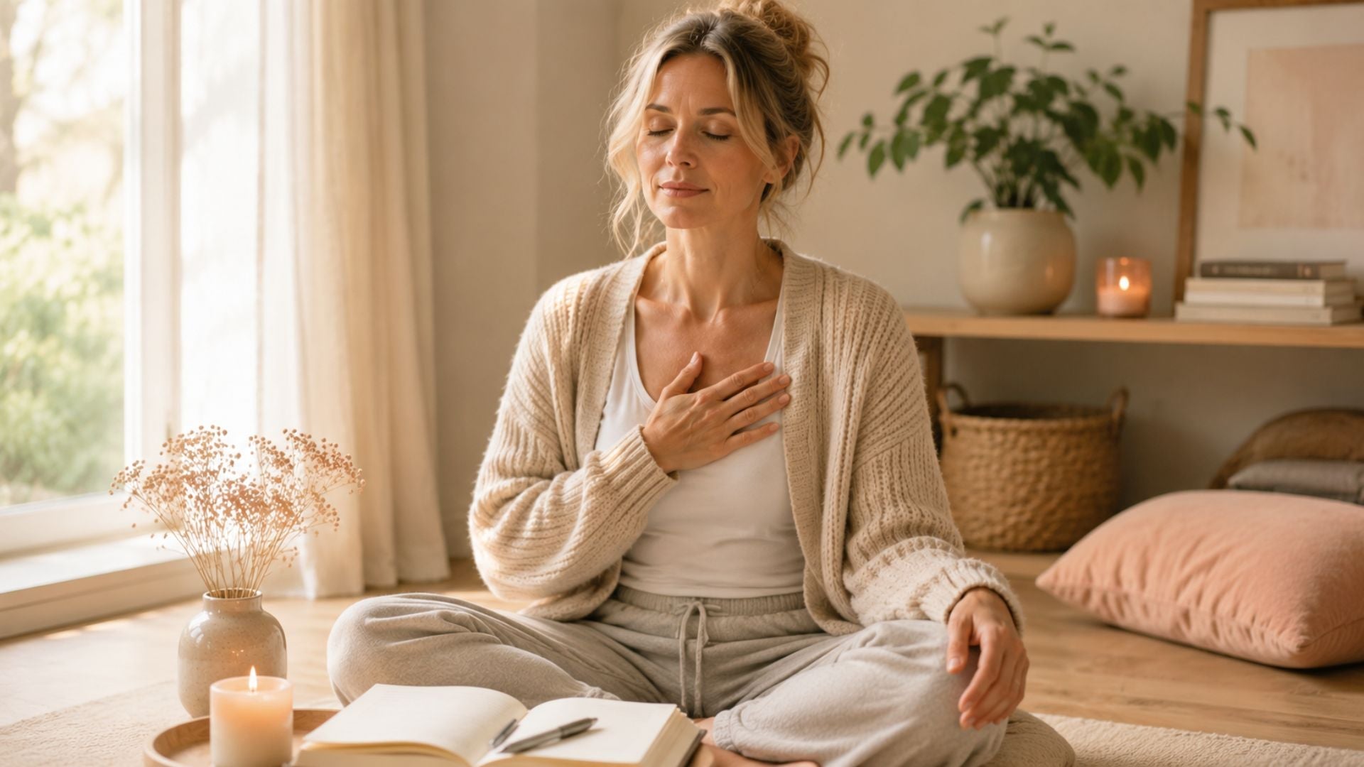 Blonde vrouw zit rustig op de vloer met haar hand op haar borst en een open journal voor zich tijdens een kort meditatiemoment met affirmaties.