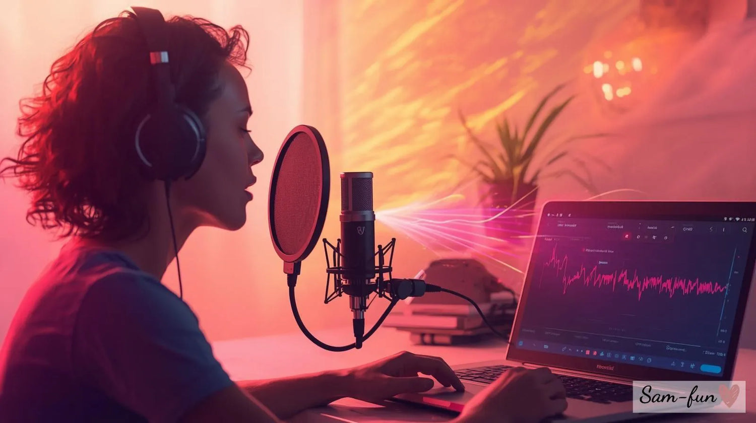 Persoon neemt affirmaties op met microfoon en koptelefoon in thuisstudio met zichtbare geluidsgolven